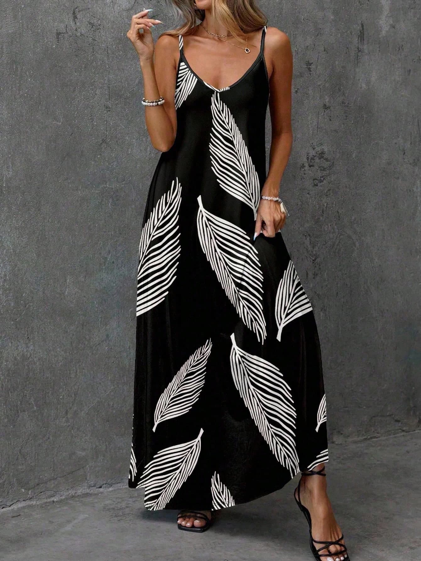 EMERY ROSE Plus Size Women's Stretchy Knit Long Dress,Black And White Boho Cami Dress,Comfortable Summer Beach Holiday Outfits,Chic Casual/Vacation Spring Dress