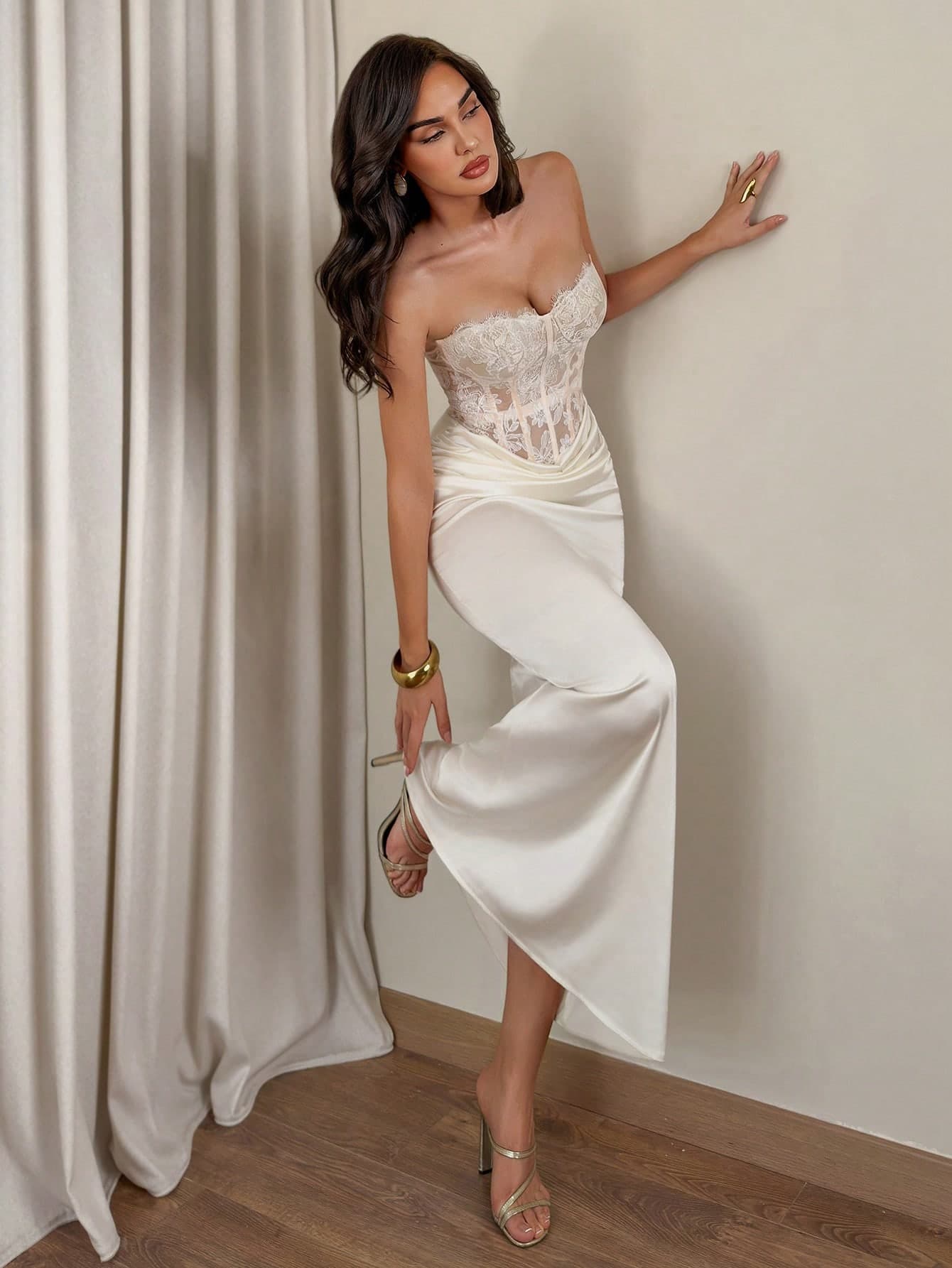 Glamine Women's Solid Color Lace Patchwork Boned Pleated Dress For Summer Wedding Formal Party Wedding Cream White Elegant