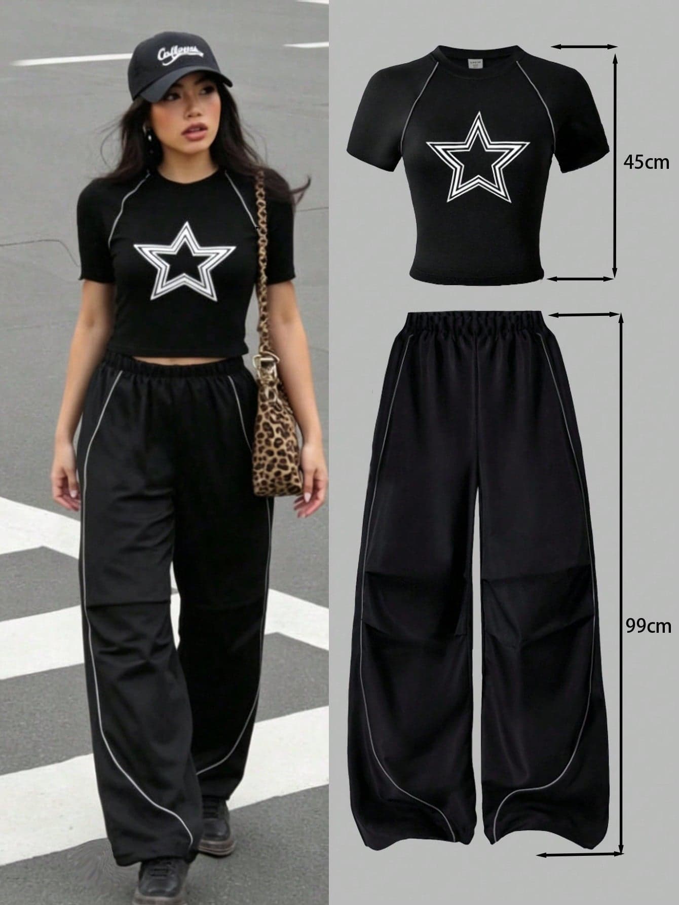 Sparklyn Teen Girl 2pcs/Set Casual Black Summer Streetwear Holiday T-Shirt And Pants Set,White Star Print,Decorative Drawstring,For Walking,School,Concert
