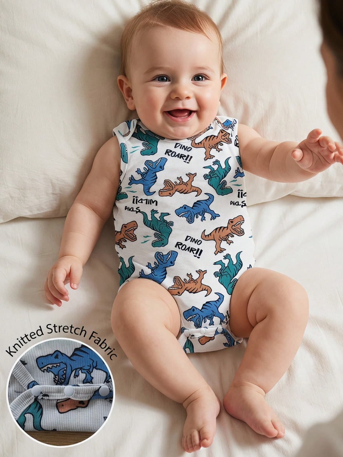 SHEIN Newborn Baby Boys Dinosaur Print Short Sleeve Romper Summer Family Matching White Casual Cute Graphic Boy Outfit Set Clothes Neutral Unisex Holiday