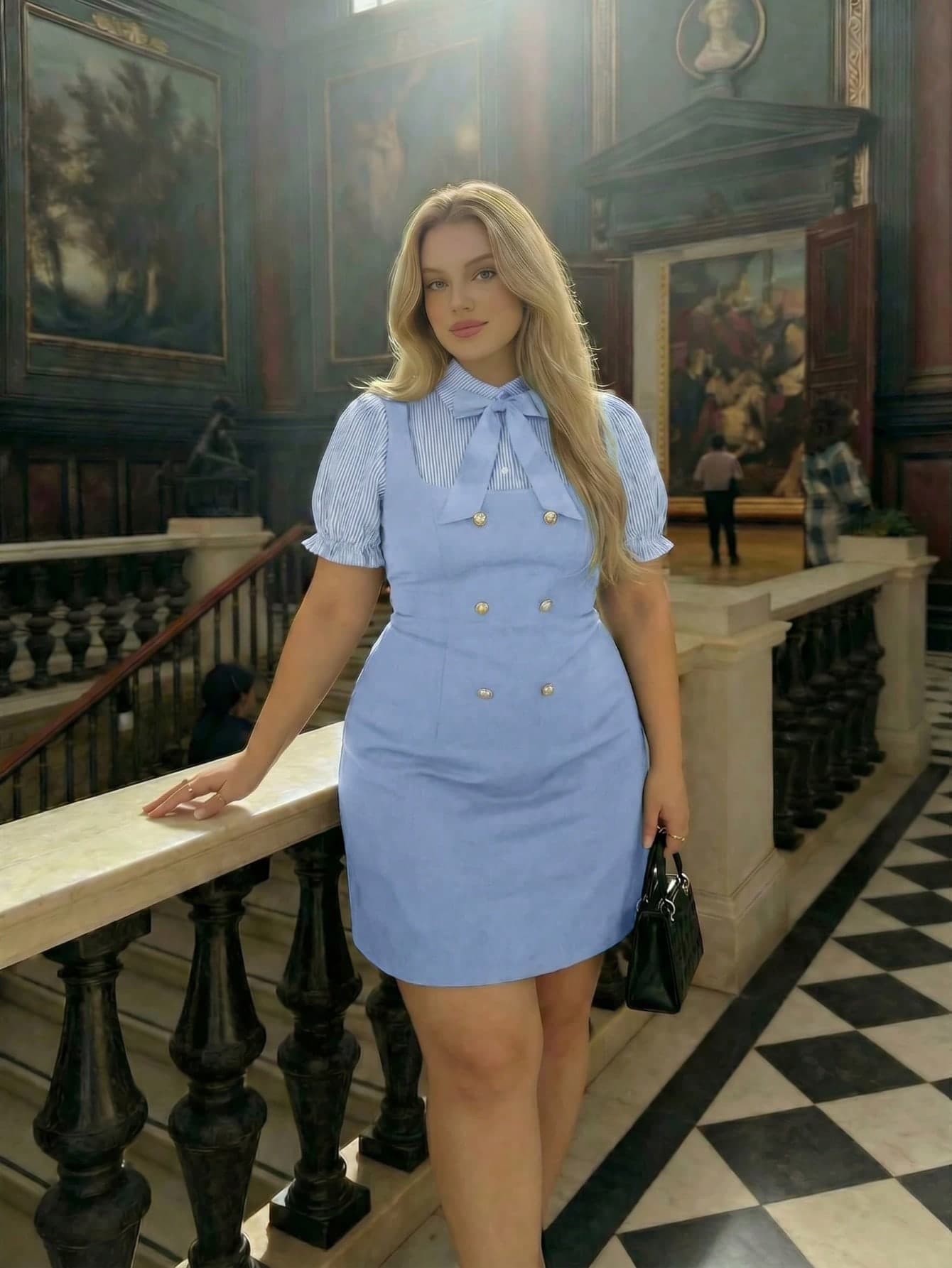SHEIN MOD Plus-Size Dusty Blue Double-Breasted Patchwork Dress With A Bow Front, Featuring A 2 In 1 Design. A Sweet, Preppy Style Dress, Perfect For Office.