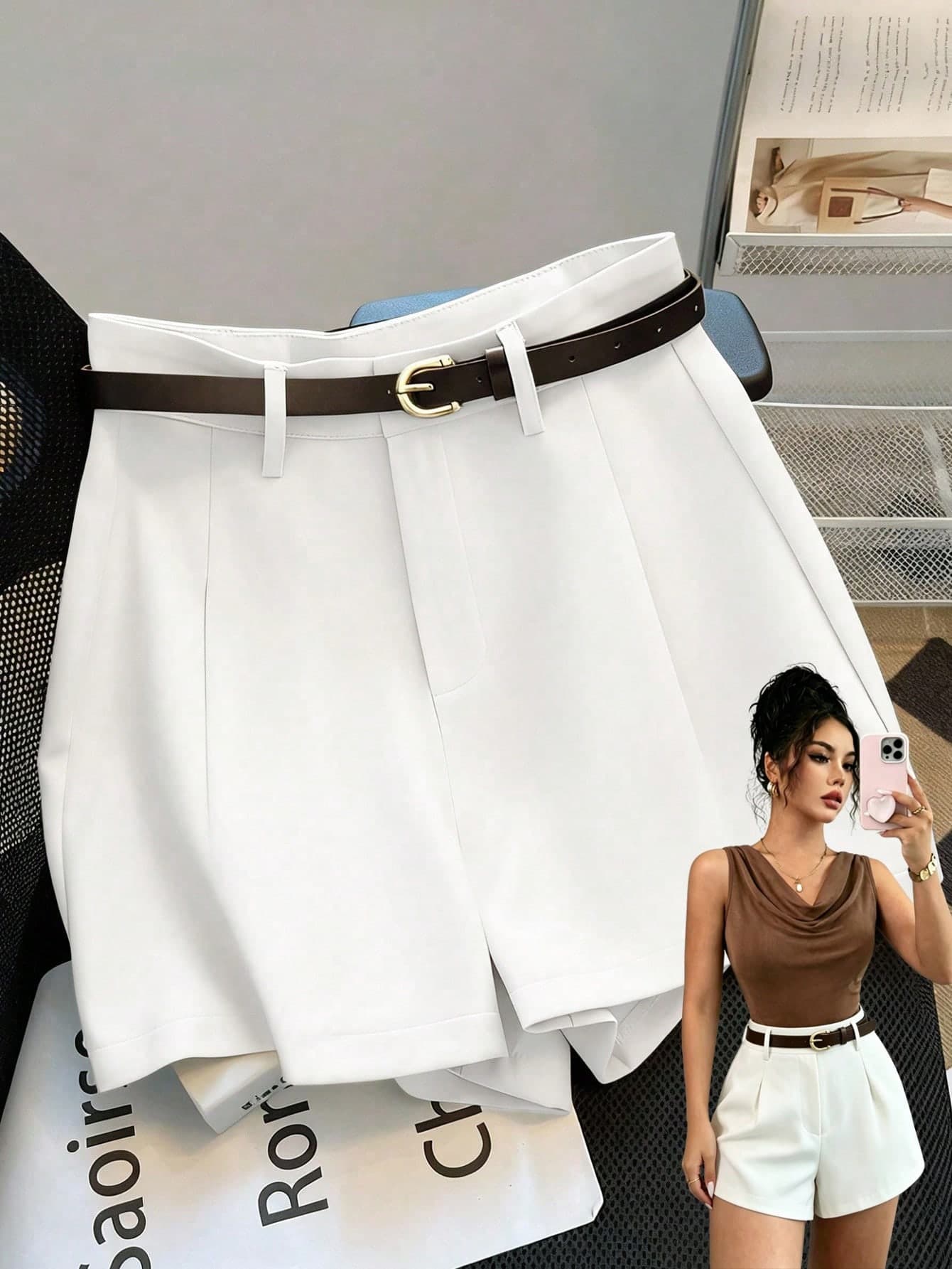Rafferiza Casual & Commuting Fashion Versatile Mid-High Waist Belted Summer New Solid Color Khaki Shorts For Women