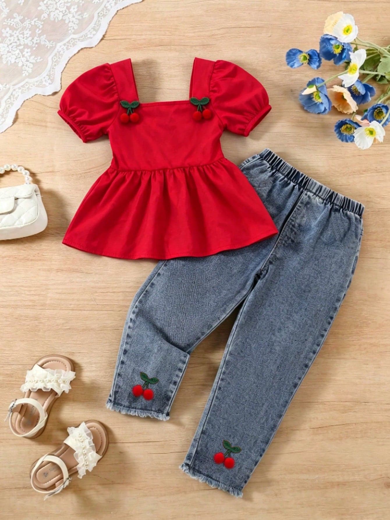 SHEIN Genkimix Kids Young Girls 2pcs Set Cherry School Casual Cute Red T-Shirt Paired With Vintage Mid-Blue Denim Washed Frayed Hem 3D Flower Tapered Jeans Street Style