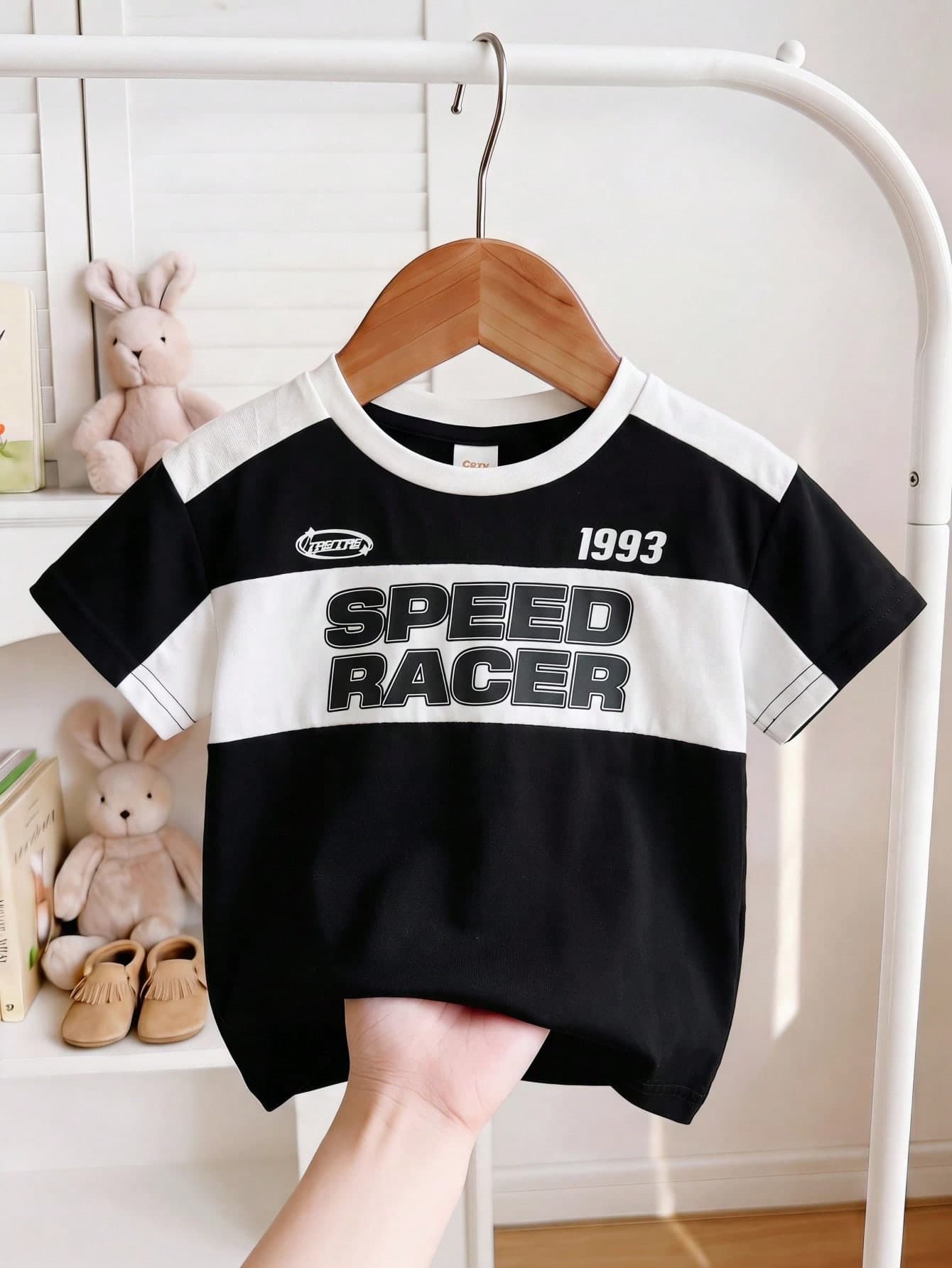 Cozy Pixies Baby Boy Letter Pattern Contrast Color Round Neck Short Sleeve T-Shirt, Versatile & Comfortable