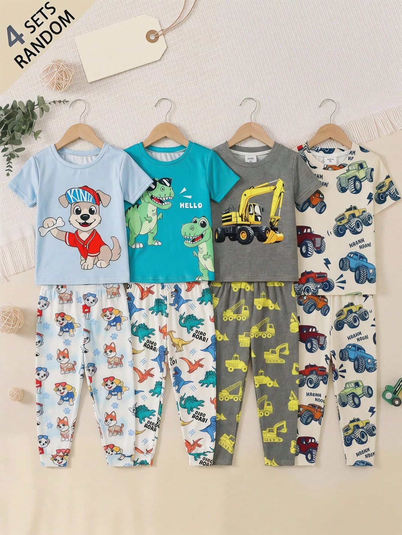 SHEIN 4pcs Young Boy Casual Shark Print Snug Fit Comfortable Round Neck Short Sleeve Pants Pajamas Set, Suitable For Summer Home Wear
