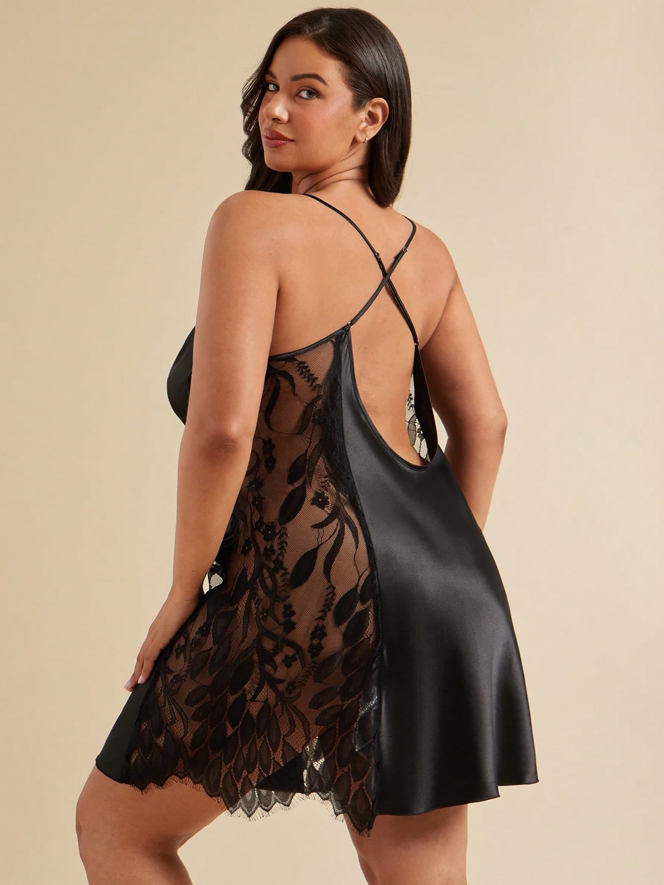 SHEIN BAE CURVE 1pc Women Plus Size Sexy Lace Camisole Nightgown, Elegant Satin Mini Skirt, Suitable For All Seasons Black Night Gown Satin Night Gown Lace Night Gown Plus Size Night Gown Plus Size Nightgown, Feel Beautiful