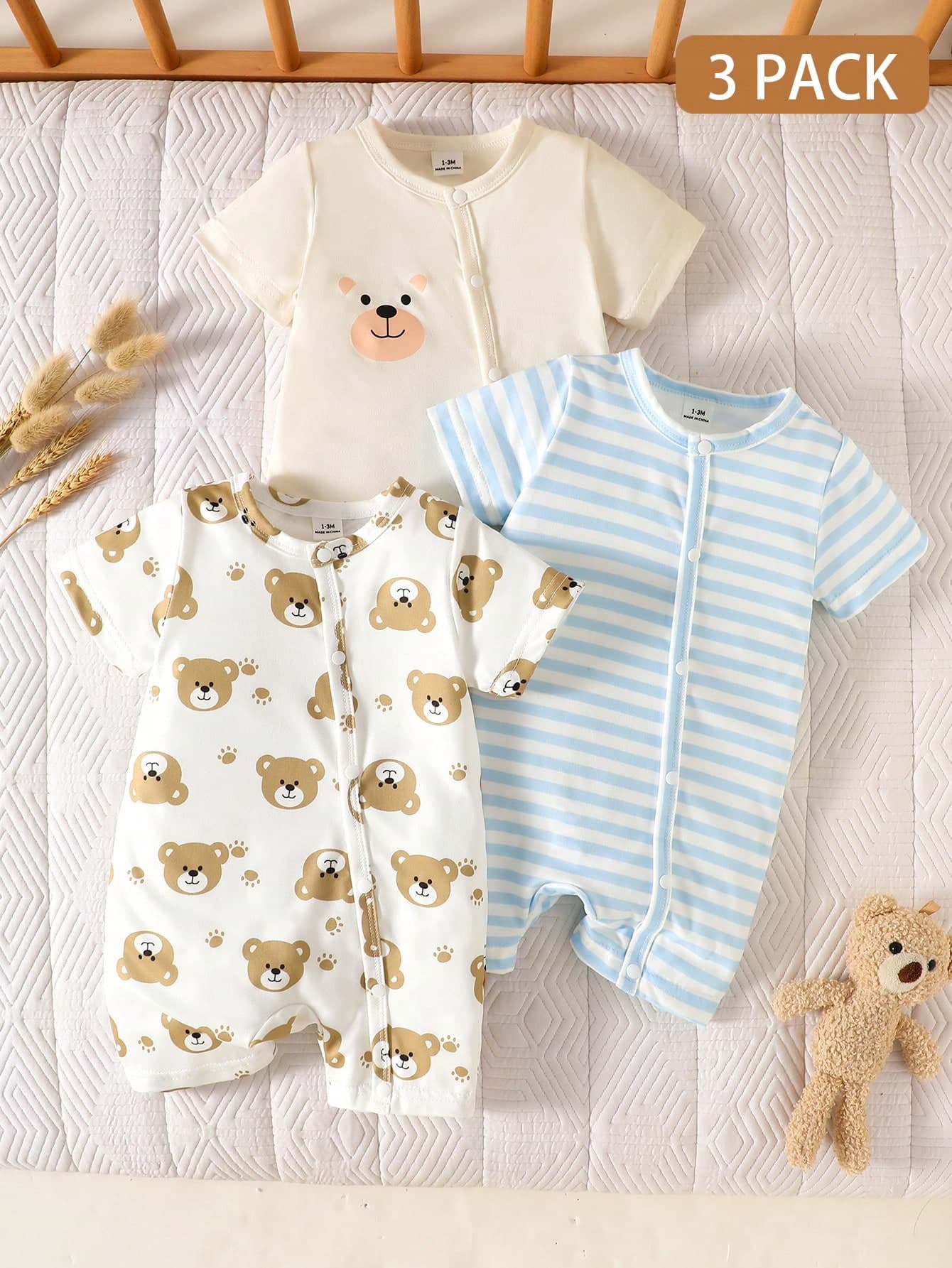 SHEIN 3pcs/Set Newborn Baby Boy Cartoon Cute Bear Striped Print Short Sleeve Romper Shorts Thin Style Suitable For Daily Wear, Party, Celebration, 1st Birthday, 0-1 Years Old, Spring/Summer New Arrival