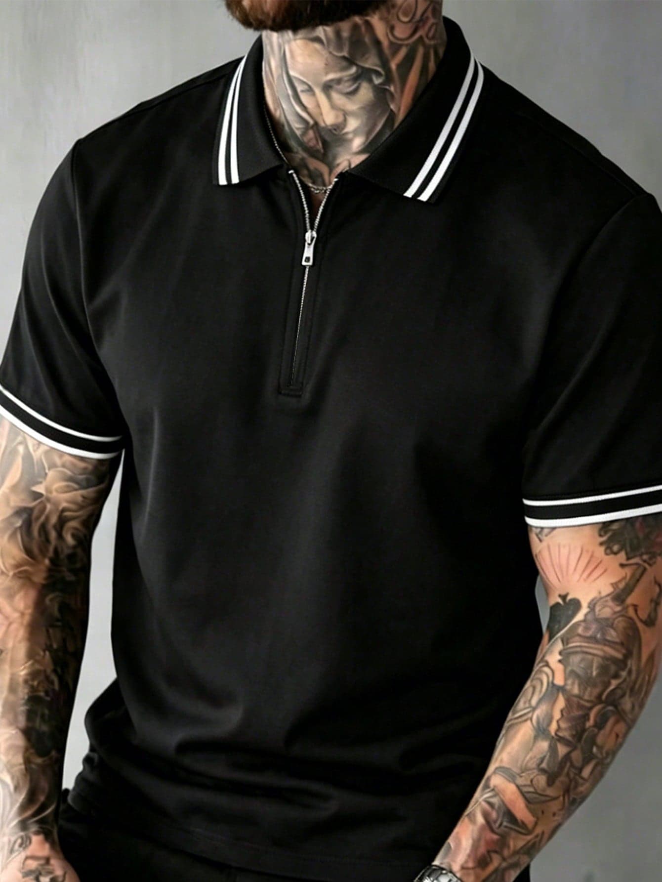 Manfinity Homme Color Block Collar Zip-Up Polo Shirt