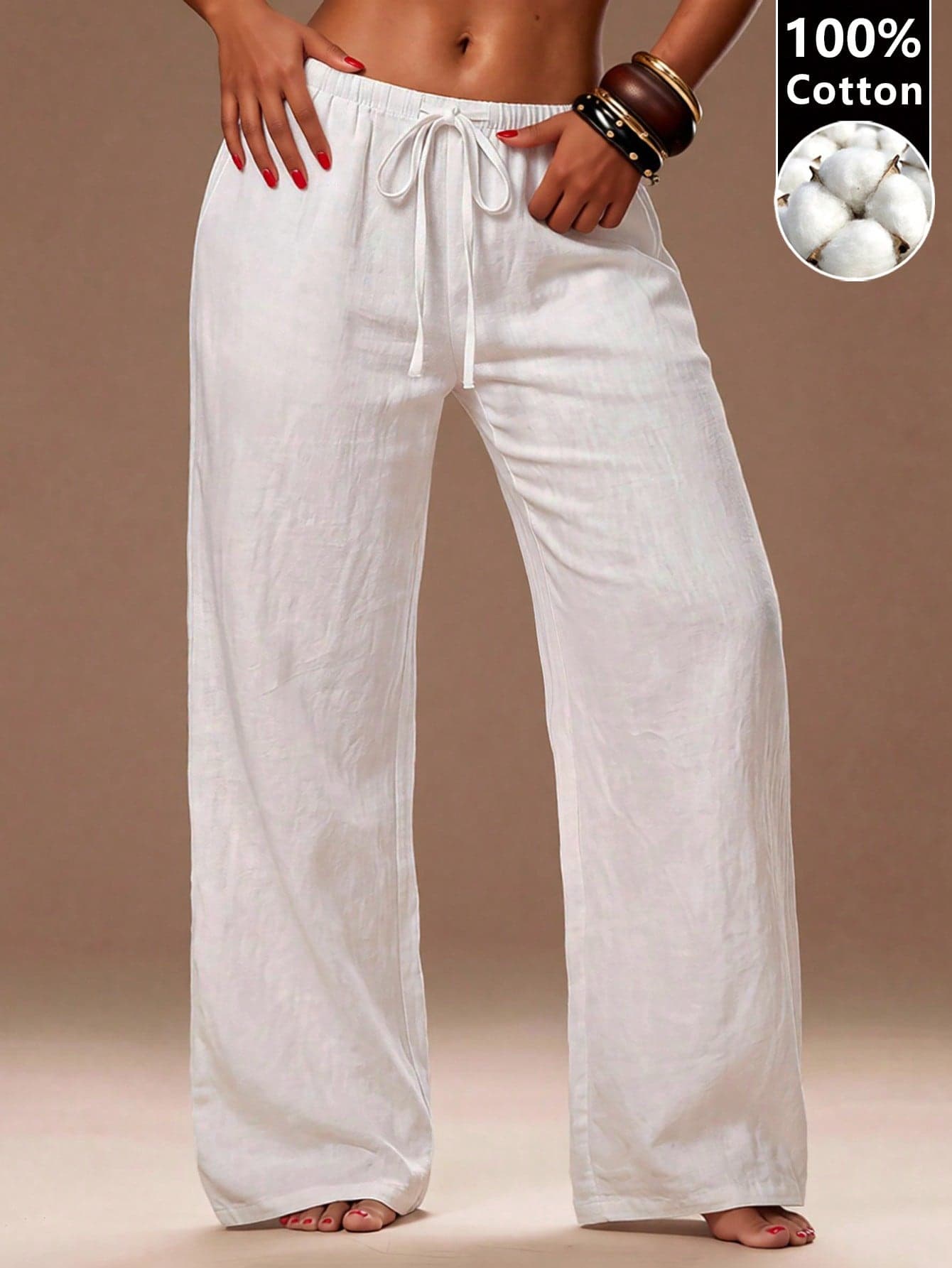 Radiana Women's Summer Casual White Linen-Feel Wide-Leg Pants, Vacation Holiday Beach Trousers, Comfortable Loose Low-Waist Long Pants, Office Workplace