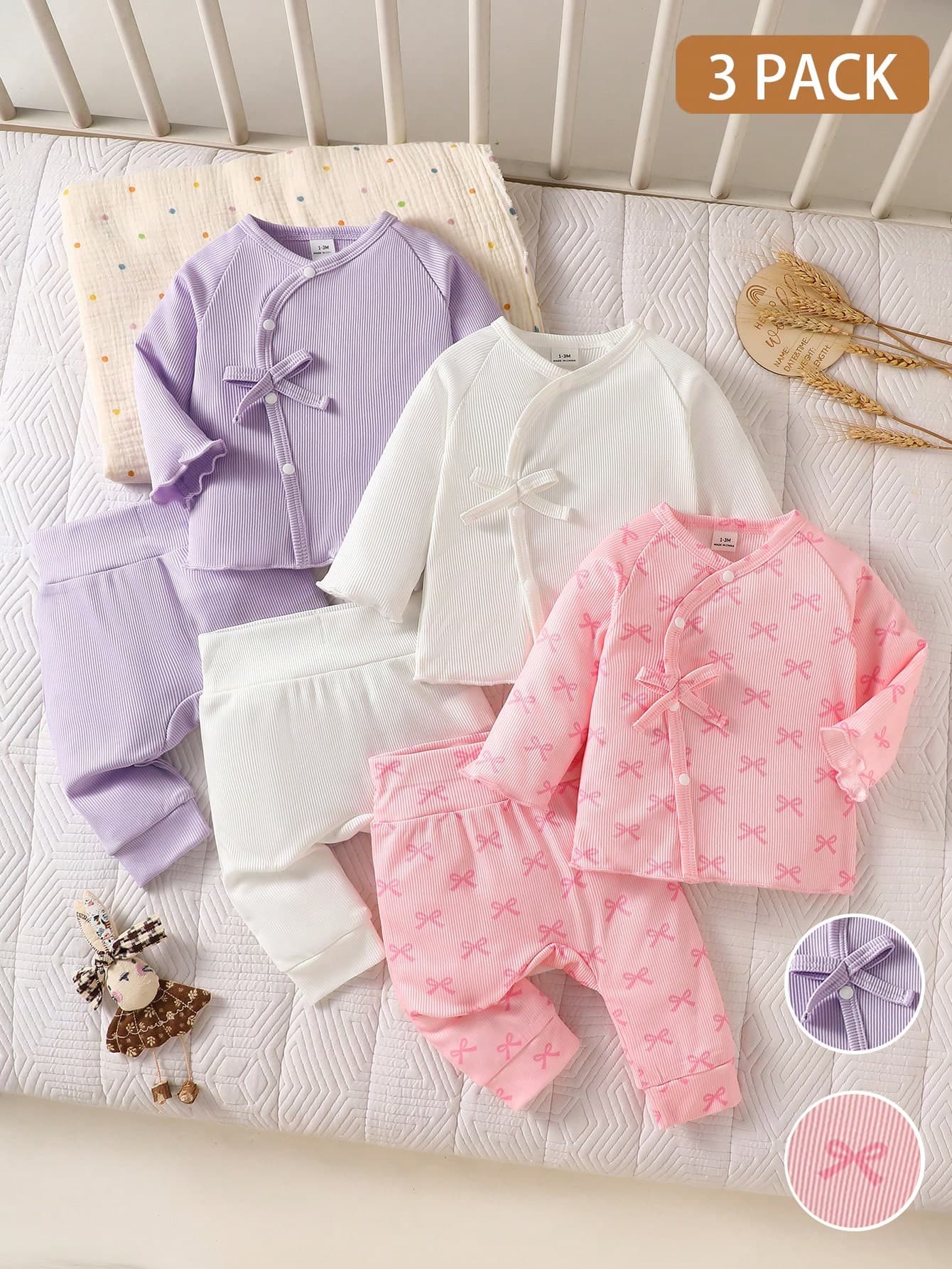 SHEIN Newborn Baby Girl Sweet Set Spring/Summer New Style, White Bow Print + Apricot Pink Long Sleeve Long Pants 3-Piece Set, Ribbed Fabric Soft And Skin-Friendly, Front Asymmetric Button Design Bow Decoration Easy To Put On And Take Off, Suitable For Daily Outings Or Play