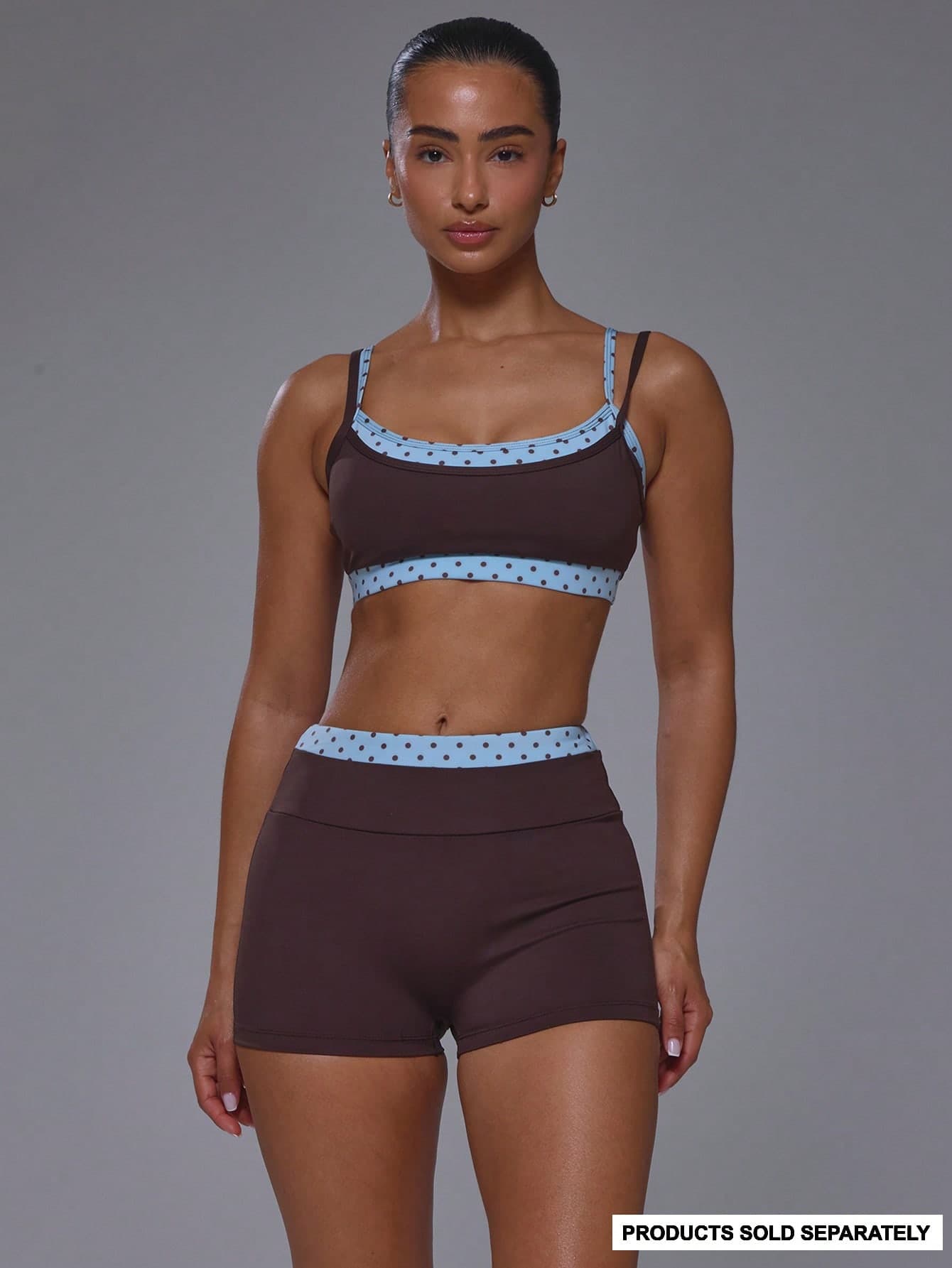 Musera Sport Double Layered Contrast Colour Blue Polka Dot Scoop Neck Strappy Adjustable Sports Bra Coord Top Only Sport Workout Gym Cute Pilates Fitness Daily