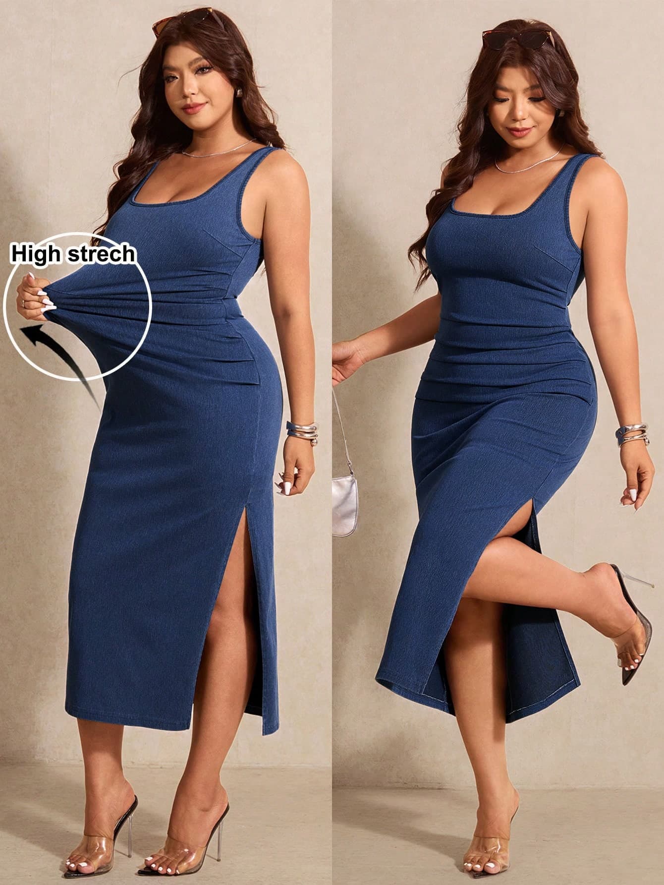 Elaquor Plus Size Solid Color Sleeveless Fitted Split Hem Summer Denim Dress