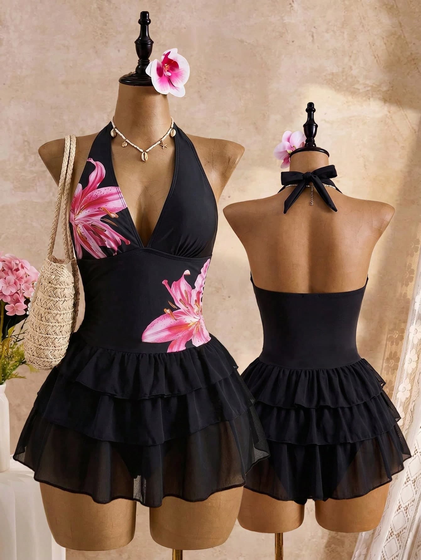Bellisia Women Black Summer Casual Holiday Vacation Dot Print Halter Tie Deep V-Neck Backless 3-Tier Chiffon Ruffle Hem Cute Swimsuit Skirt Pool Party Holiday