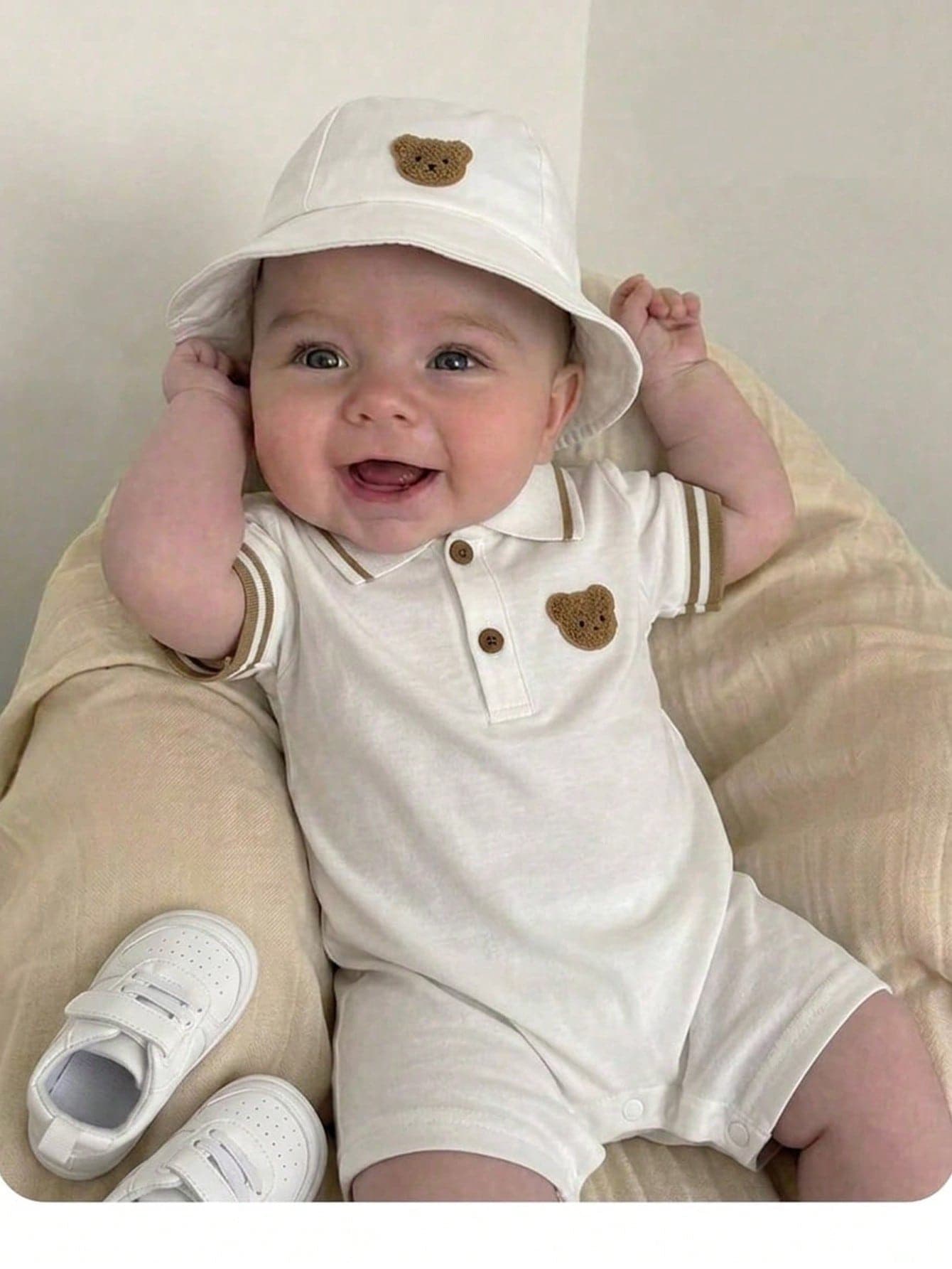 Cute White Newborn Baby Boy & Girl Summer Polo Romper With Sun Hat Set,Teddy Bear Pattern,Neutral Preemie Clothes For Family Matching,Casual Outfit