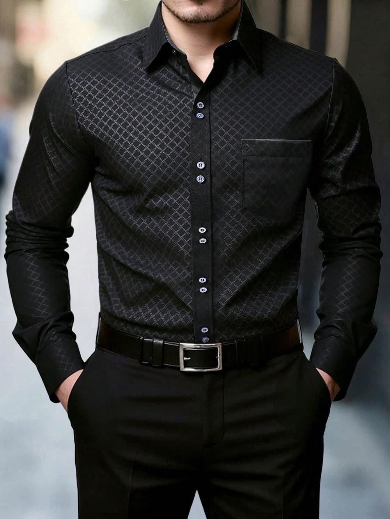 Manfinity Mode Men's Black Autumn Business Casual Formal Dress Shirt,Textured Rhombus Design Long Sleeve Button Up Top With Pocket,Solid Color Office Shirt,Ceremony