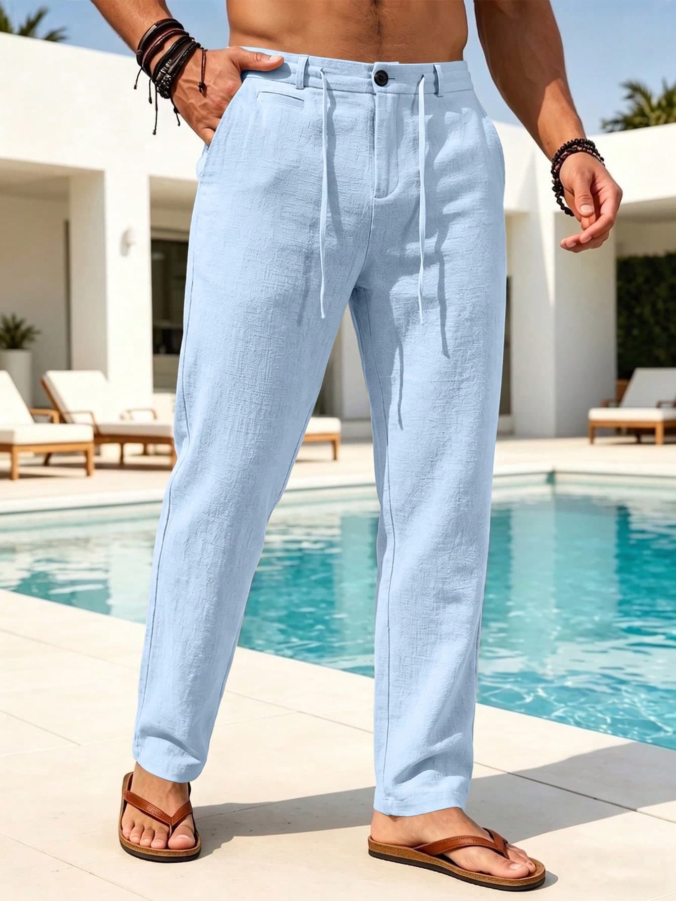 VENTUSAIL Men's Light Blue Solid Drawstring Waist Straight-Leg Casual Pants With Side Pockets,Baggy Slacks For Autumn,Tropical Beach Vacation,Gifts For Husband