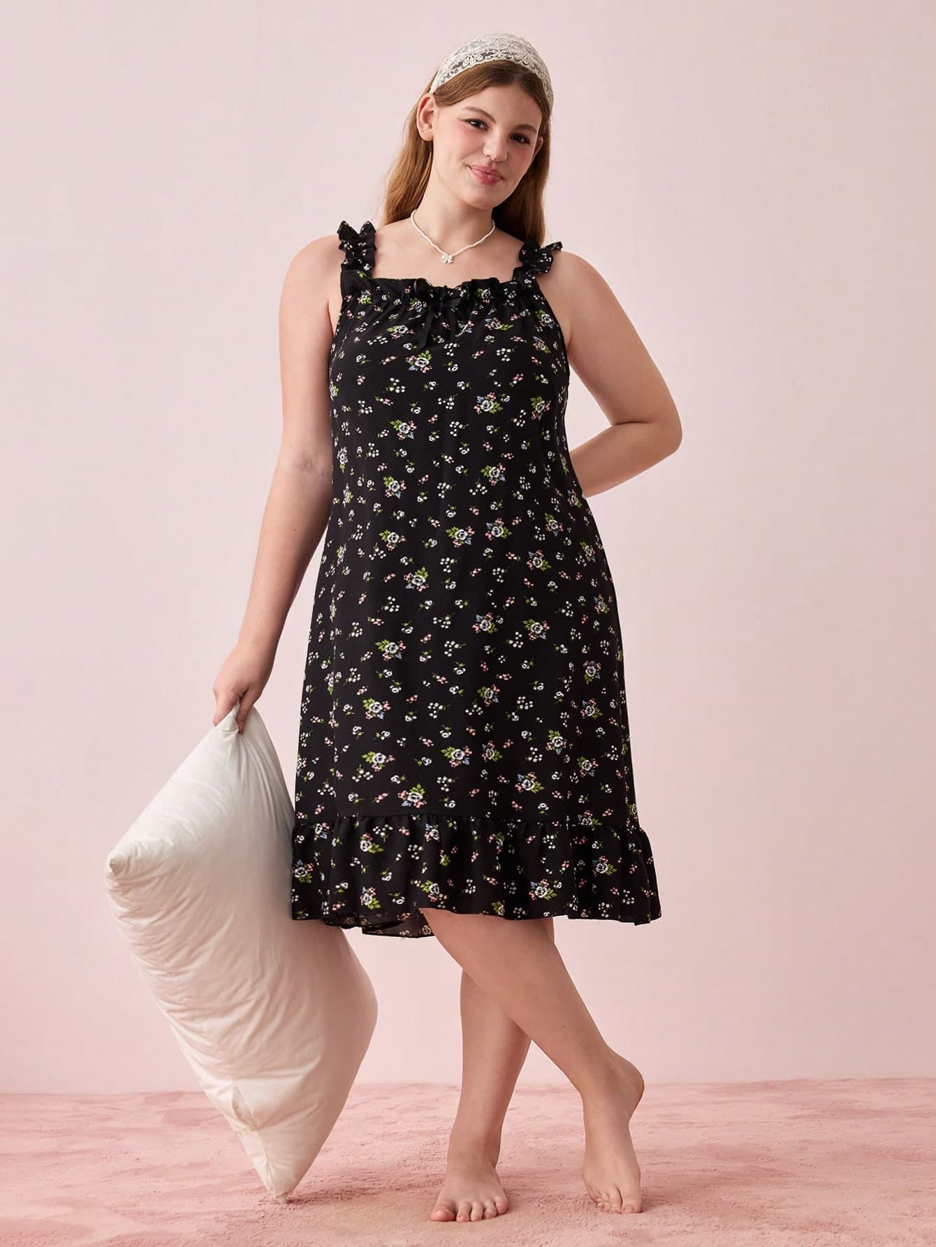 Bonmuse Plus Size Women's Casual Loose Bowknot Floral Print Ruffle Hem Camisole Nightgown