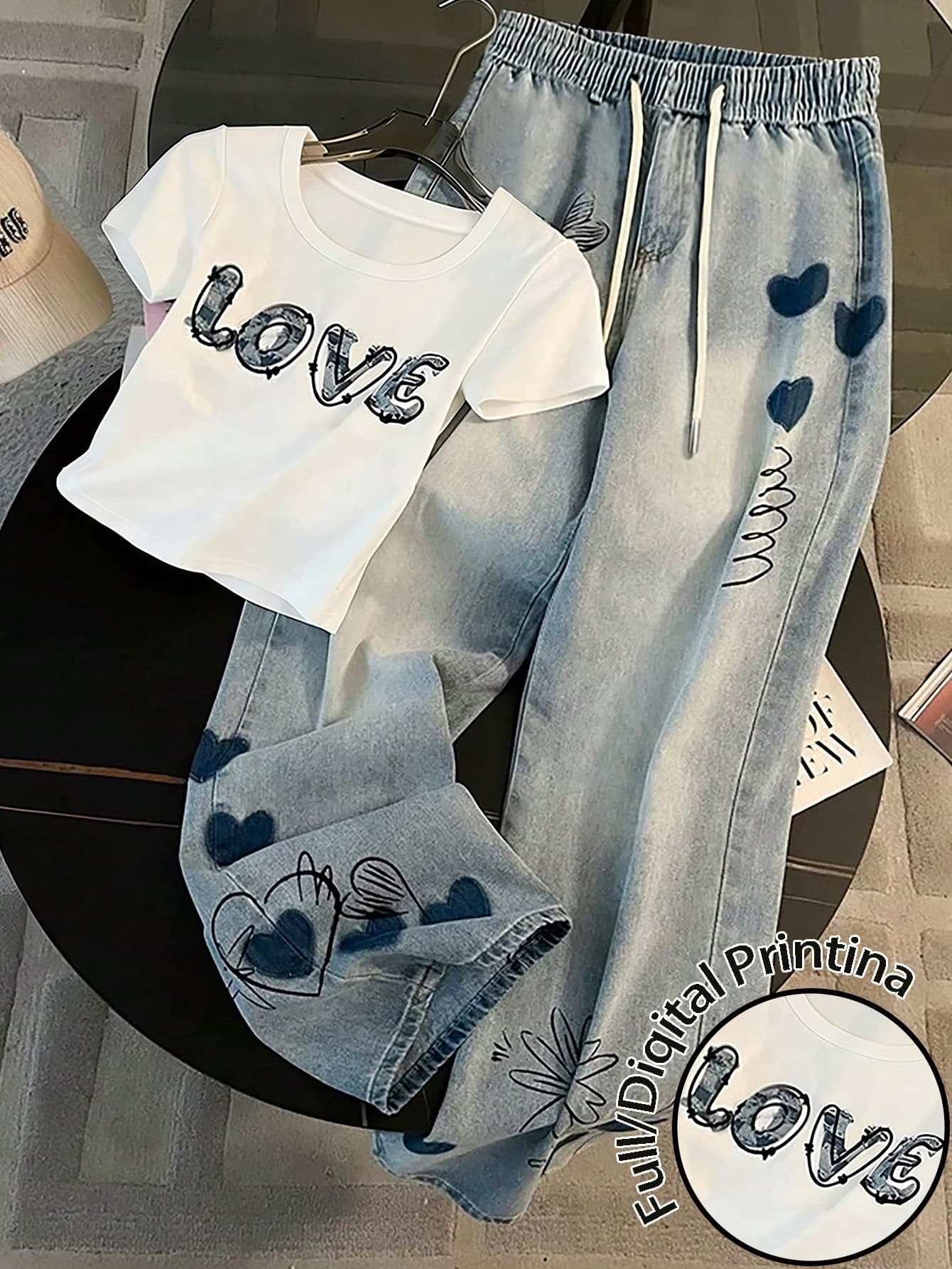 Franclia Matching Short Round Neck Raglan Sleeve T-Shirt + Straight Leg Pants With Side Pockets
