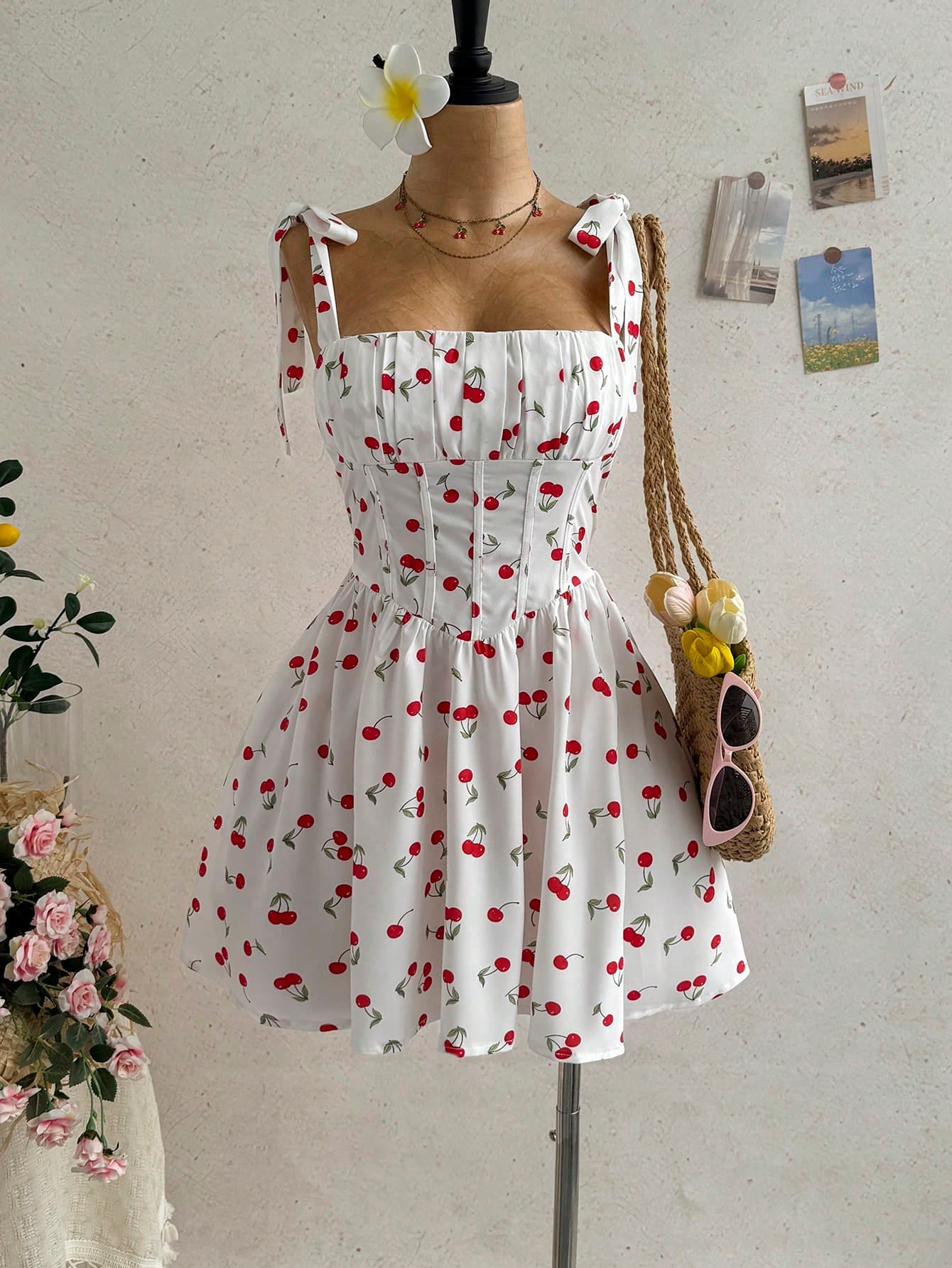 Soleia New Vacation Lace-Up Sweet Cute A-Line Princess Mini Dress, Bohemian, Boho, Romantic Floral, Vacation, Floral, Party, Date, Valentine's Day, Easter, Carnival, Afternoon Tea, Beach, Cruise Vacation, City Street Vacation