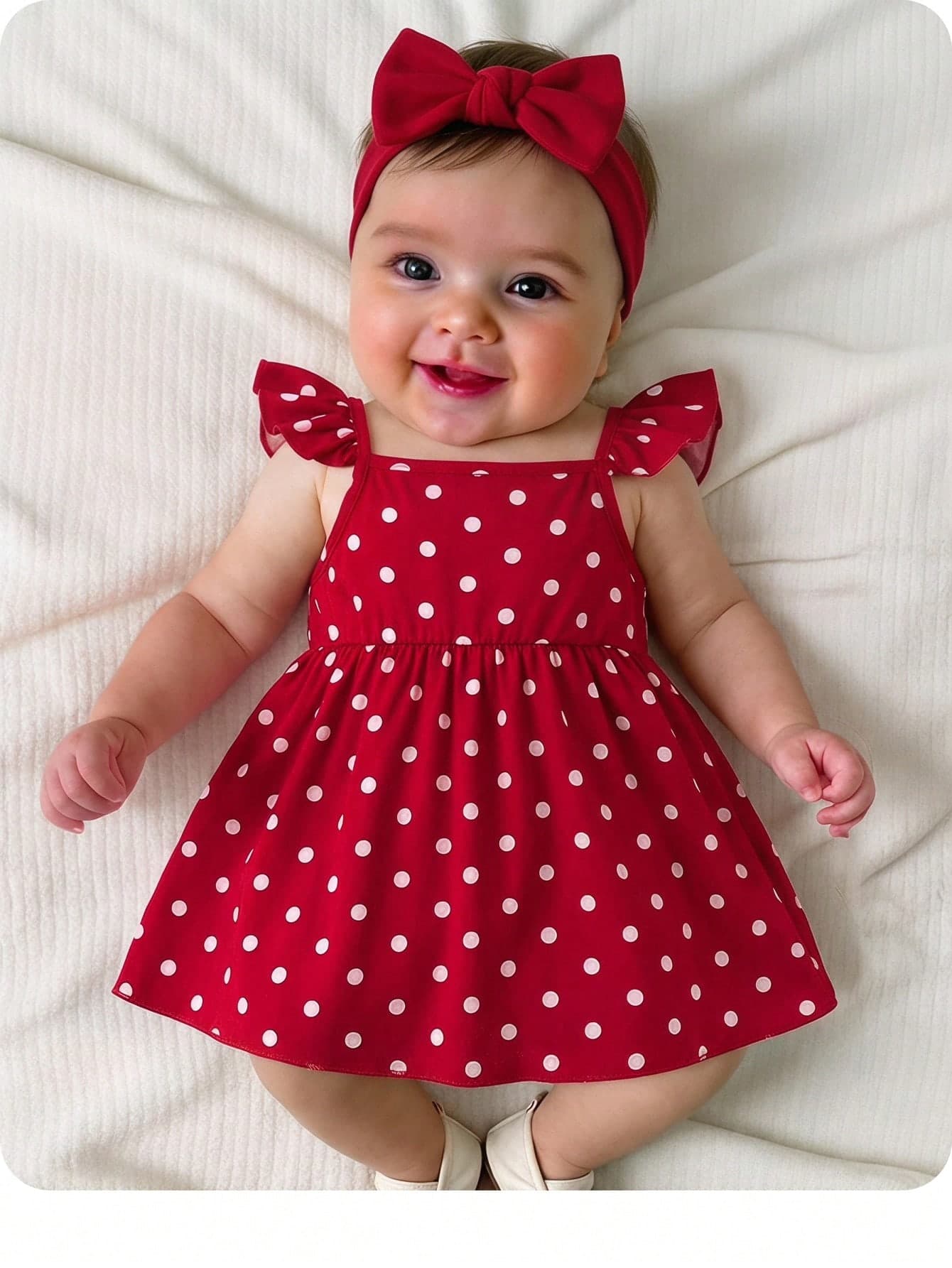 SHEIN Newborn Baby Girl Casual Vacation Cute Red Polka Dot Flutter Sleeve Dress