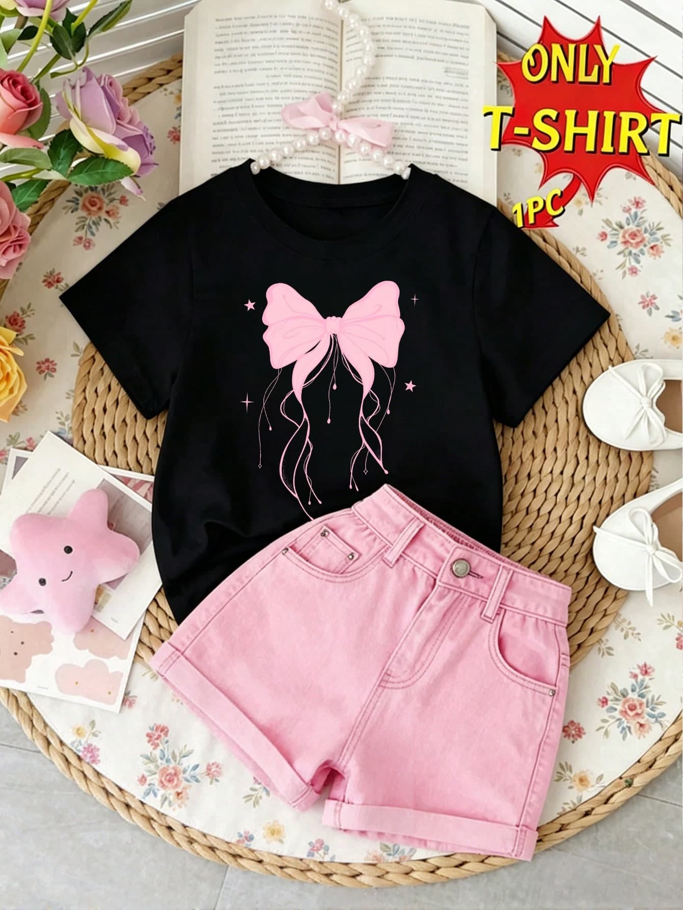 Elladie kids Young Girls Spring And Summer Clothes Pink Bow Love Pattern Print Casual Basic Short T-Shirt, Comfortable Daily Wear, Cozy Summer And Fall Style Tops