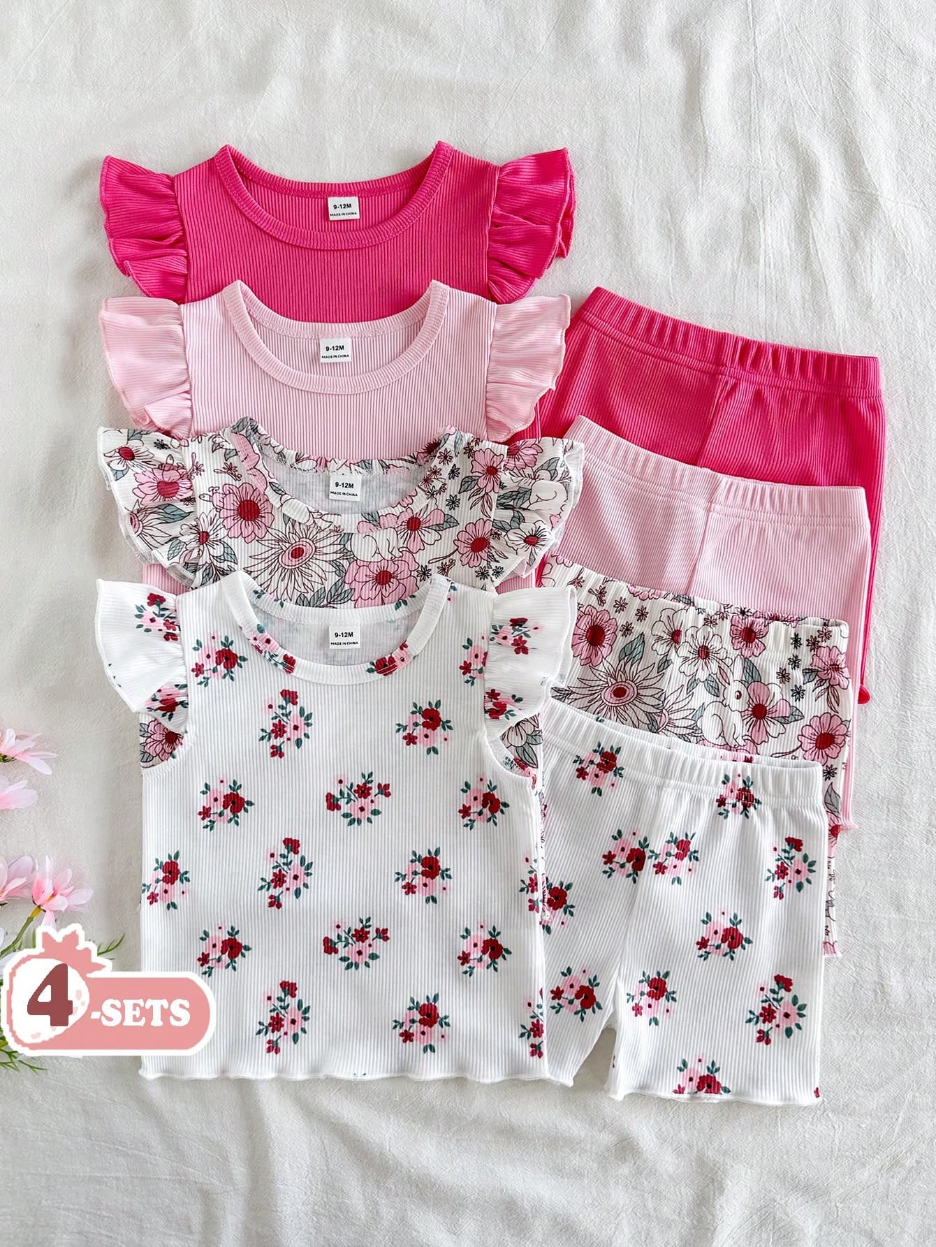 SHEIN Vintaside Kids 8pcs/ Baby Girl 0-3 Years Old Spring/Summer New Arrival Casual Everyday Outing Cute Solid Color Knitted Asymmetrical Ribbed Short Sleeve Vest Tee Shirt Top And Shorts 8-Piece Set