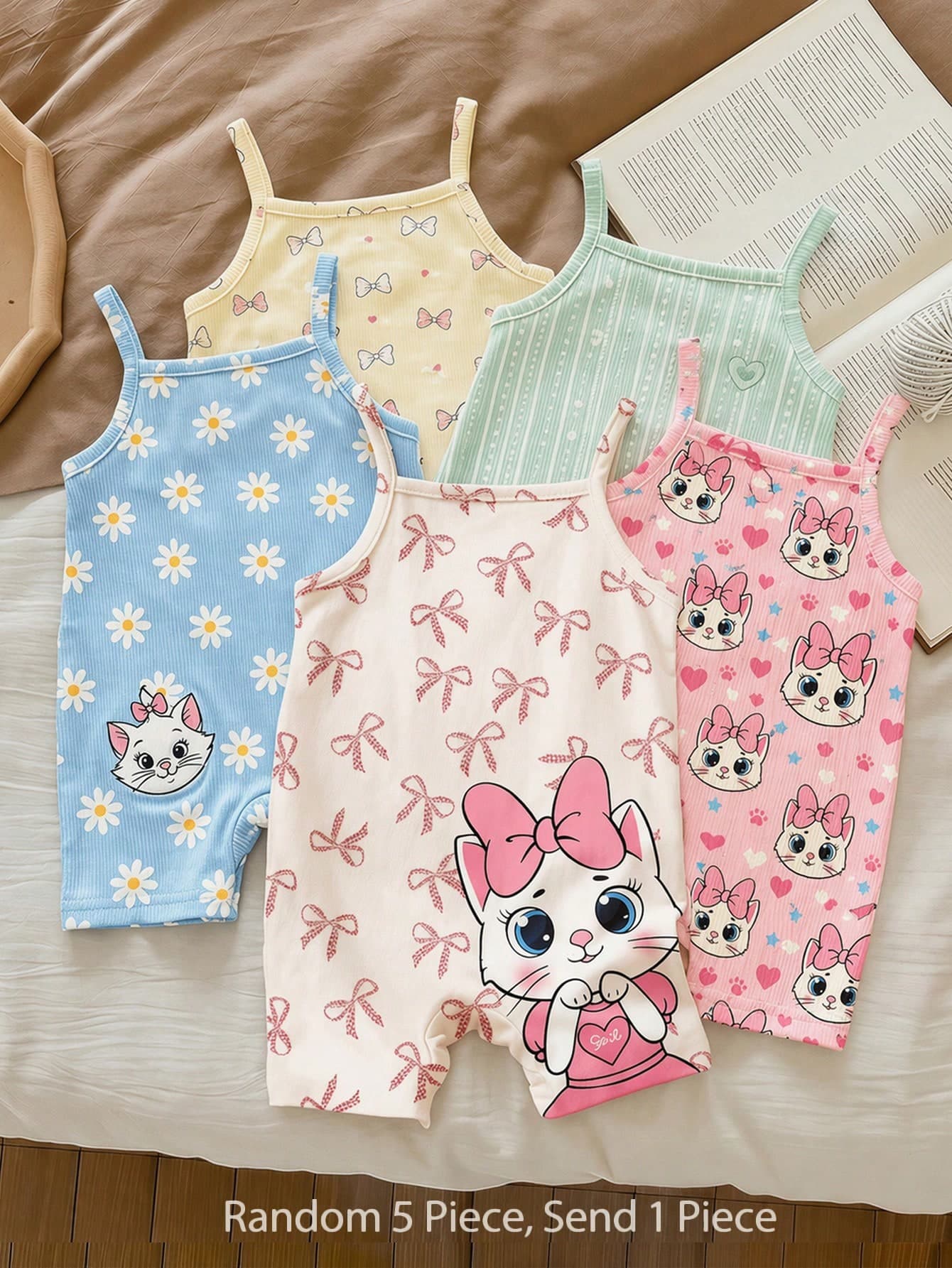 Cream Color Sweet Cute Cat Pattern, Girl Casual Camisole Romper Shorts Suitable For Spring/Summer, Cute Summer Outfits, Random 5 Pcs, Send 1 Pc