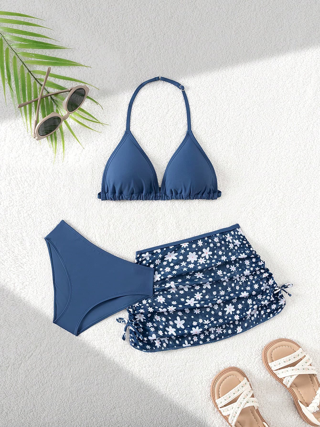 SHEIN 3PCS/SET Teenage Girls Navy Blue Bikini Set With Mesh Skirt, Ditsy Floral Summer Swimwear For Beach Vacation