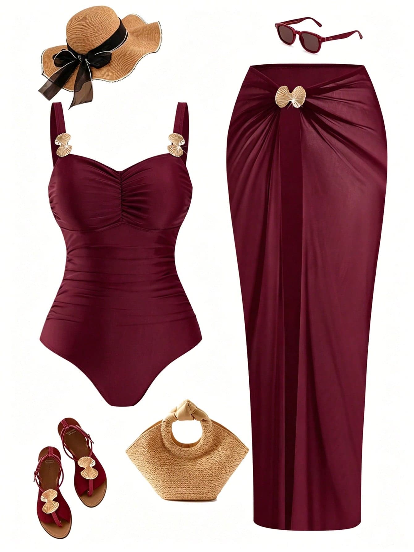 Swim Oasis Plus Size Women 2pcs Set Burgundy Spaghetti Strap V-Neck One Piece Swimsuit With Black Mesh Maxi Skirt Summer Beach Vacation Vacation 1920s
