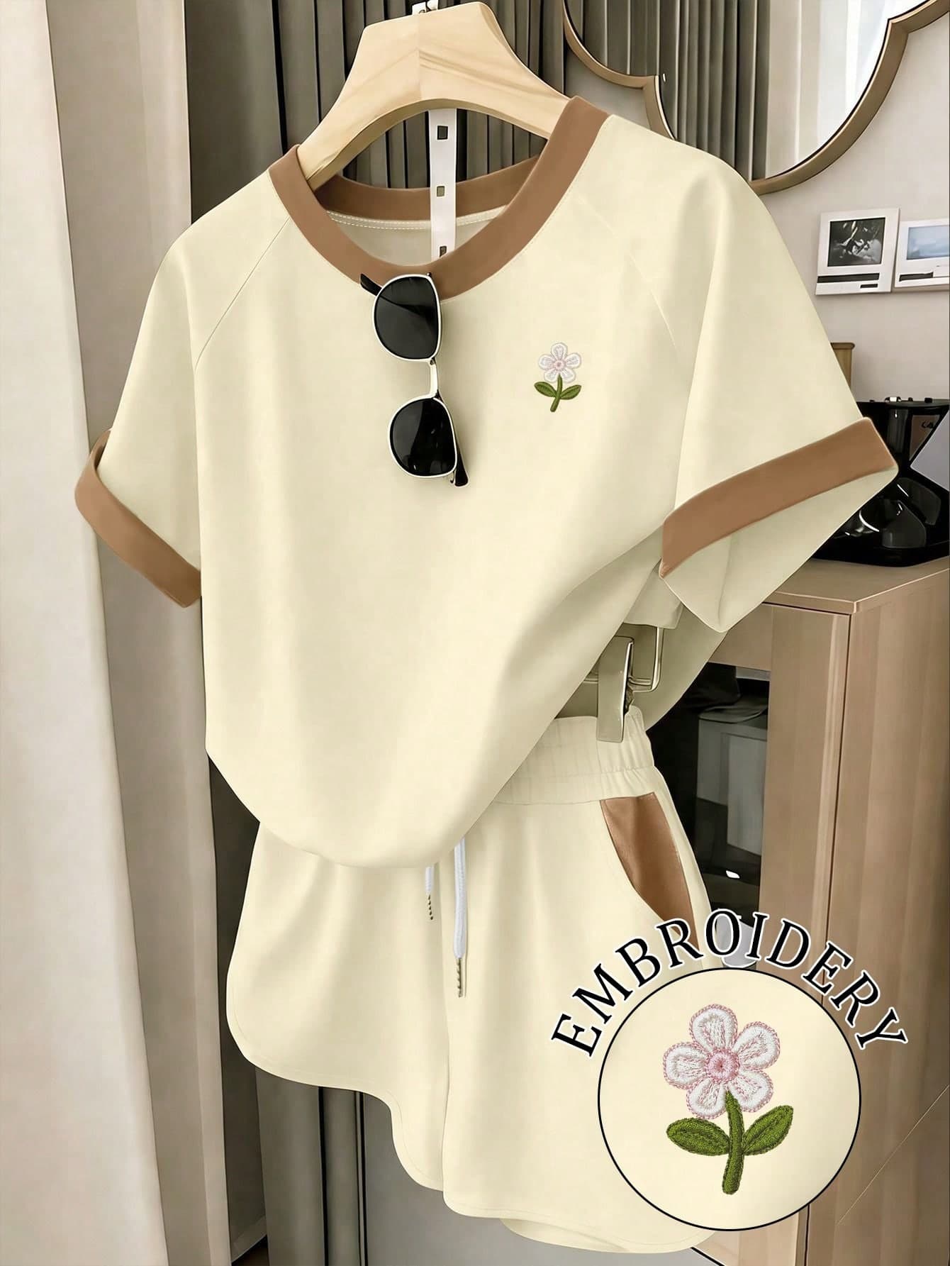 Resyla 2pcs Women's Summer Outfit, Short Sleeve Top And Shorts Set, Apricot, Contrast Color, Khaki, Floral Embroidery Design