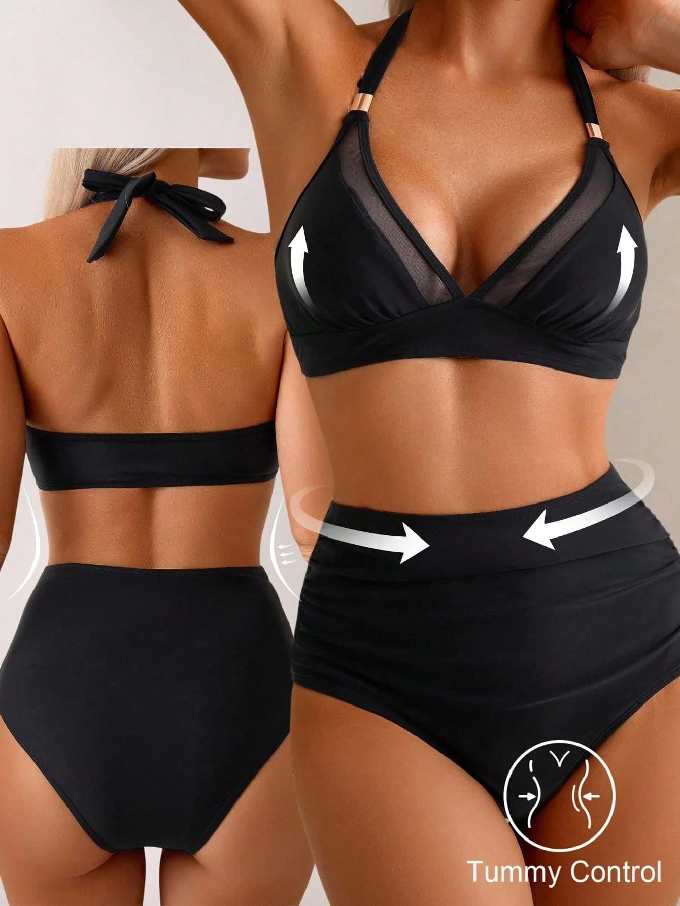 Shapewave Women's Summer Vacation Casual Beach Wear Solid Black Mesh Patchwork Swimsuit 2pcs Set Lace-Up Tummy Control Shaping Bikini High Waist Shorts Swimsuit Set