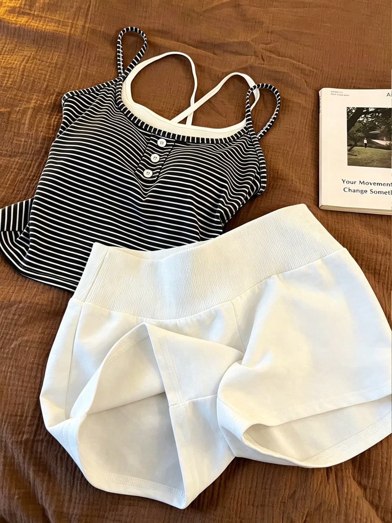 Resyla Spring/Summer New Casual Women's 2-Piece Set 2 In 1 Striped Camisole Top And Solid Color Shorts