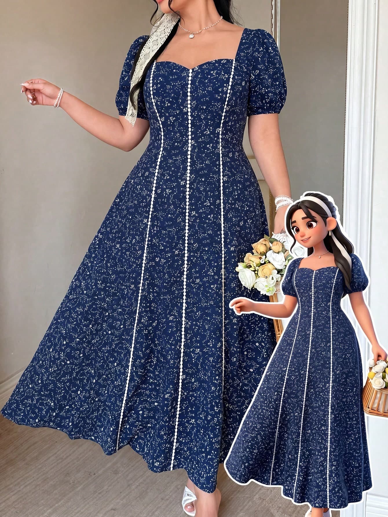 FleurLily Spring/Summer Women's Elegant Elegant Small Ditsy Floral Random Cut, Square Neck Puff Sleeve, Waist-Defining Slimming, Lace Patchwork A-Line Long Dress, Fashionable Versatile Garden Party