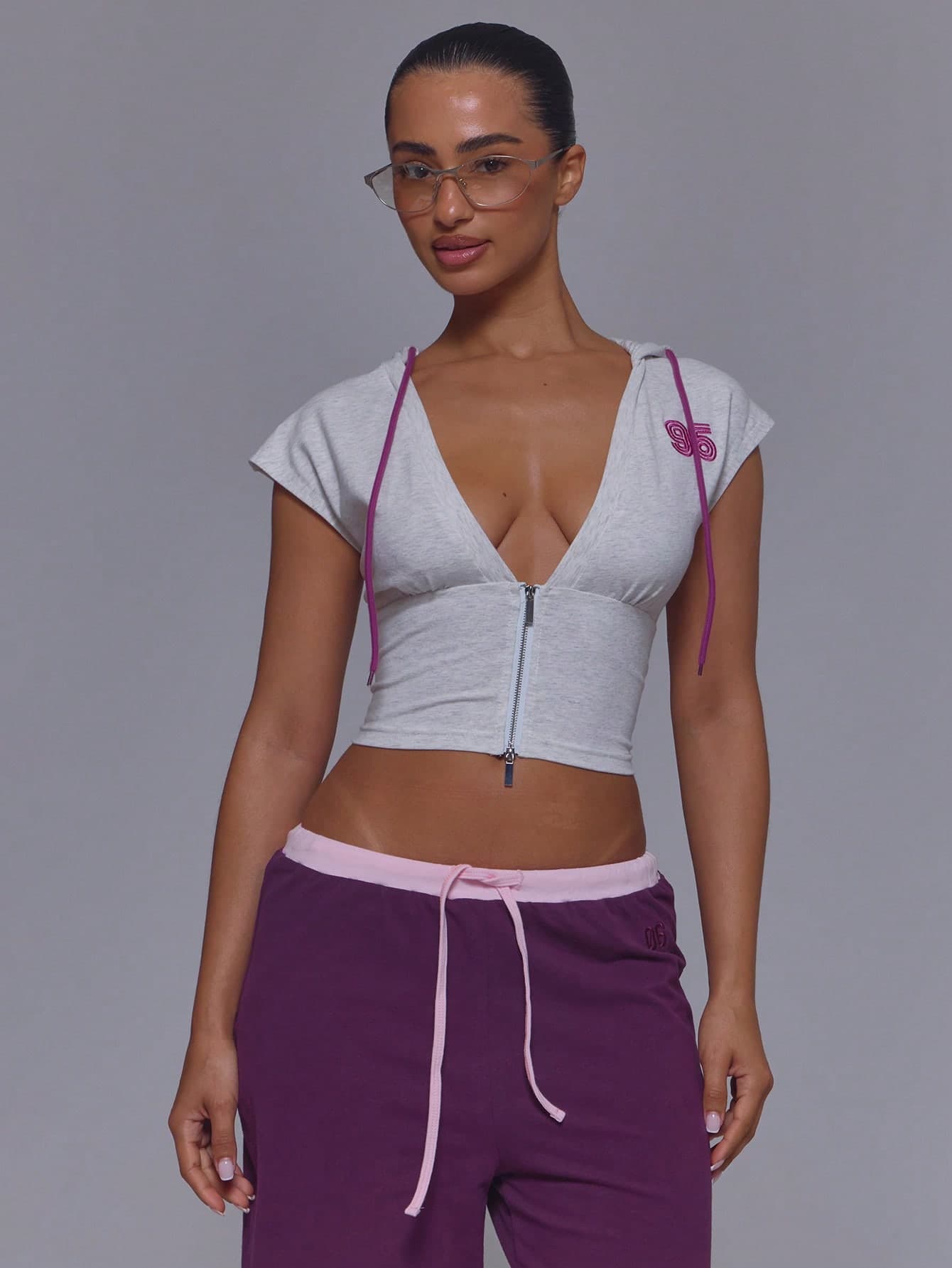 Musera Sport Sport Jersey Grey Deep V Plunge Jersey '96' Graphic Drawstring Hooded Sleeveless Zip Through Active Top