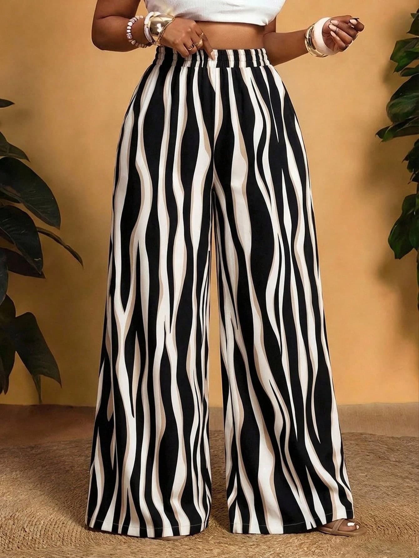 Veslaya 2026 Spring/Summer New Vacation Casual & Daily Streetwear & Beach & Seaside & Vacation & Vacation & Bonfire Night, Striped Texture Pattern Print Loose Extra Long Plus Size Women's Long Pants