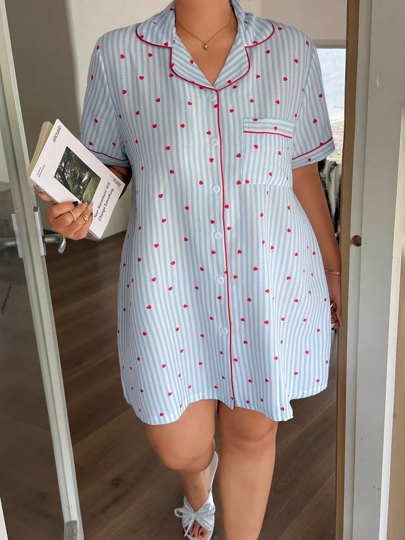 Napfluff CURVE Napfluff CURVE Plus Size Women Striped Heart Print Casual Nightgown For Daily Wear