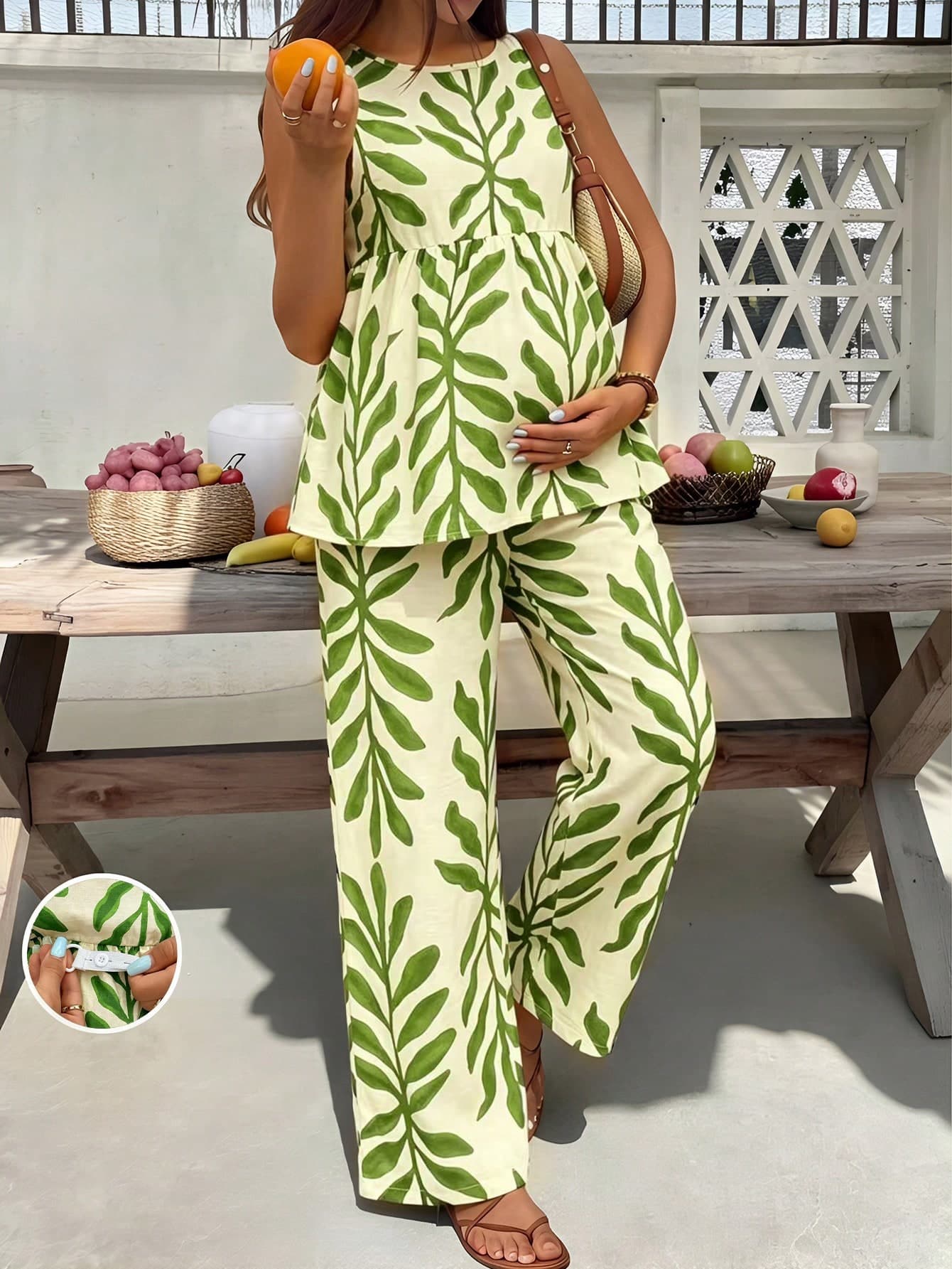 SHEIN Maternity Summer Casual Vacation Style Floral Print Sleeveless Babydoll Top & Wide Leg Long Pants 2pcs Set
