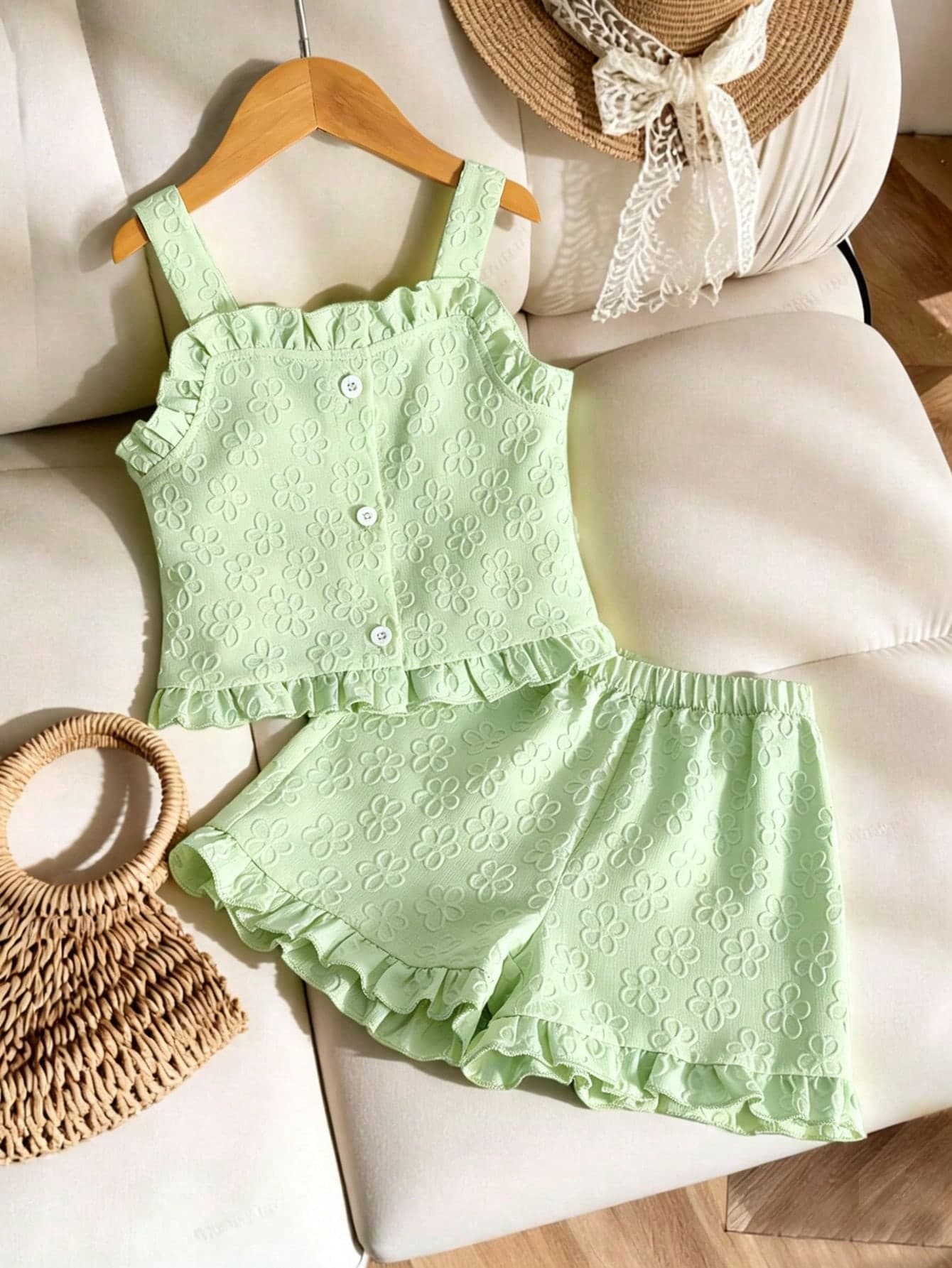 Genkimix Kids Young Girl Solid Color Pleated Top And Shorts Casual Daily Set