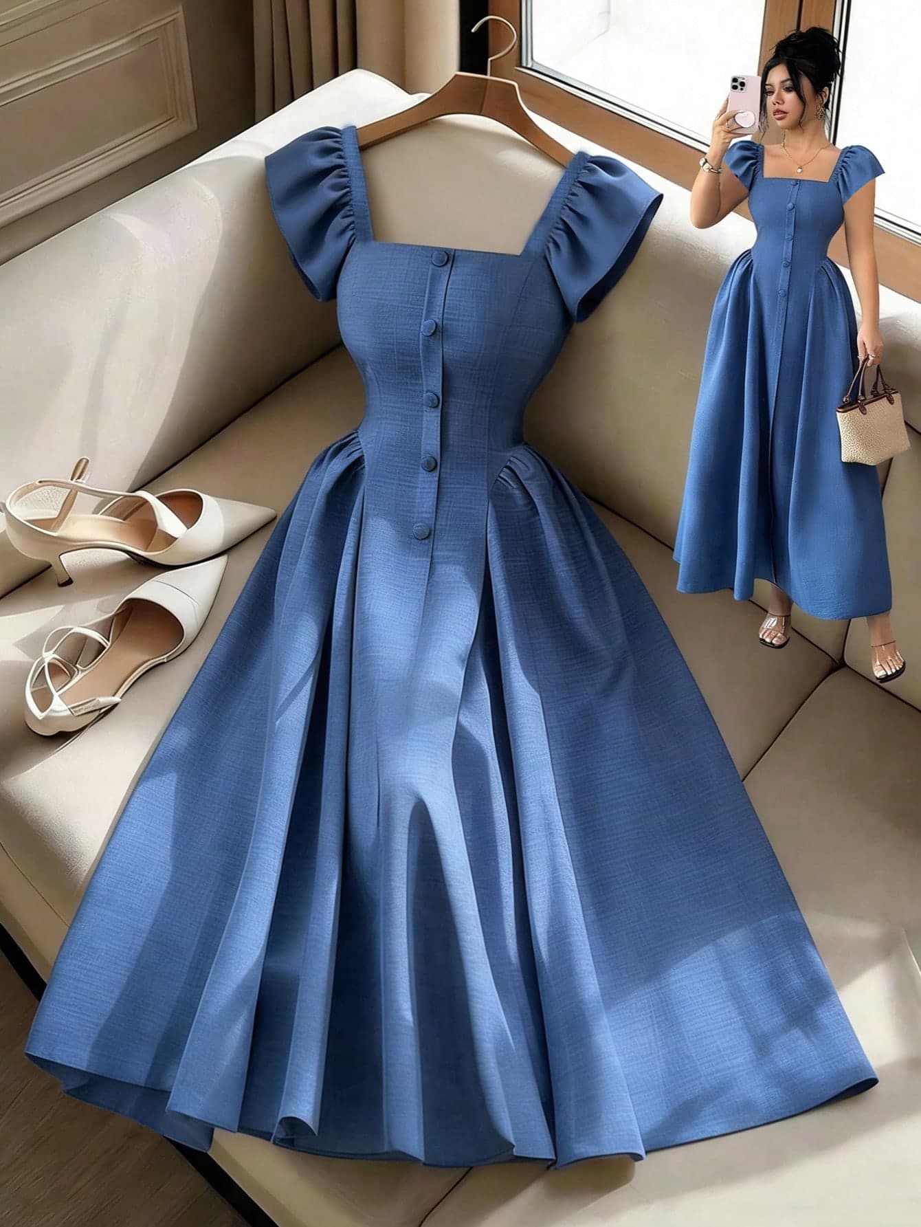SHEIN Franclia Elegant Dusty Blue Summer Short-Sleeve Bodycon Dress,Tea Party Two-Tone Buckled Texture Office Work Outfits For Women,Country Concert Outfit Dresses