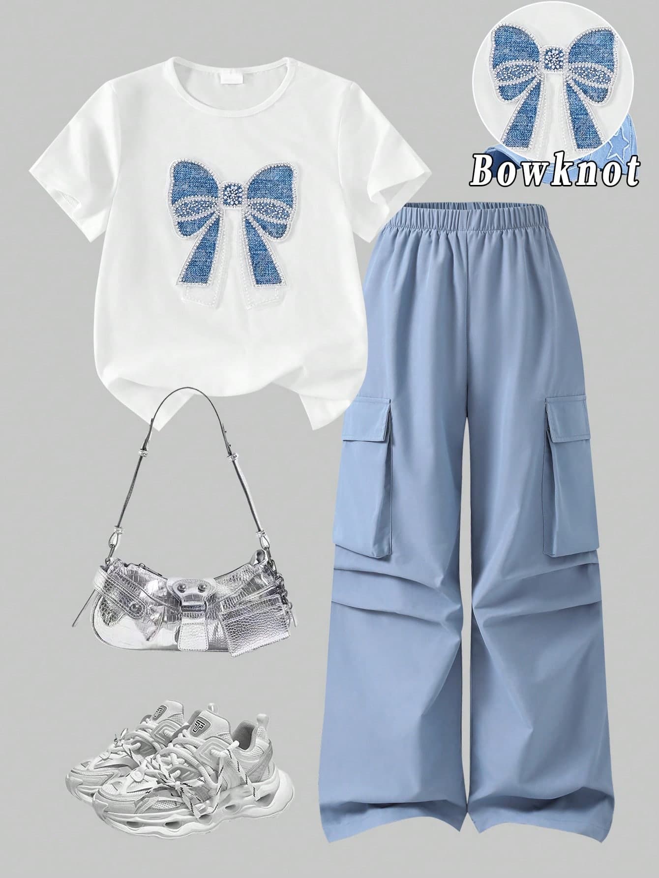 SHEIN Girls' Summer Casual T-Shirt Set, Bow Embroidery Pattern Round Neck Short Sleeve T-Shirt And Cargo Long Pants 2pcs Set, Suitable For Spring And Summer Cool Fashion Outfits