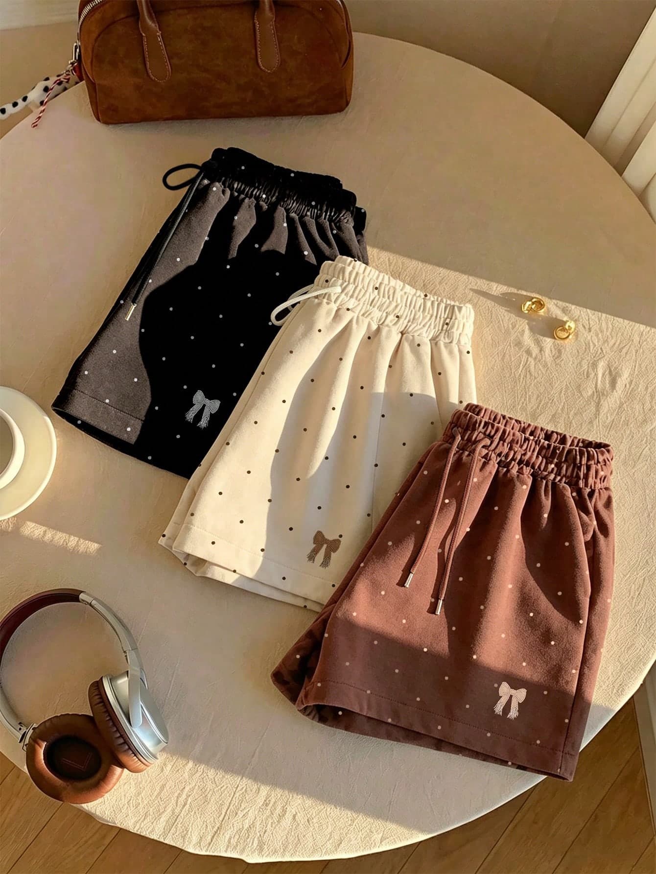 Resyla 3pcs Set Women's Polka Dot Printed Bow Shorts, Fashionable & Minimalist, Great Gift For Friends
