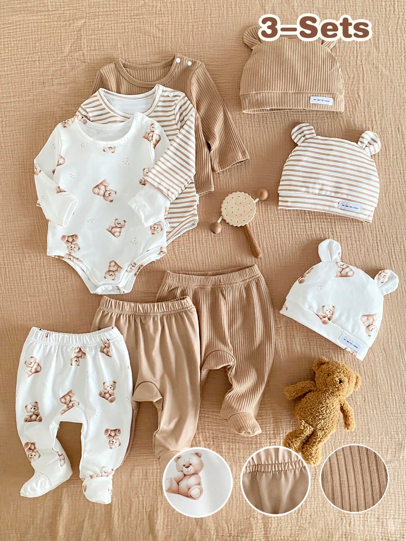 Newborn Sweet Bear Cotton Loungewear 6-Piece Set,Cute Brown And White Polka Dot Autumn Family Matching Long Sleeve Footed Romper Bodysuit Pants Hat