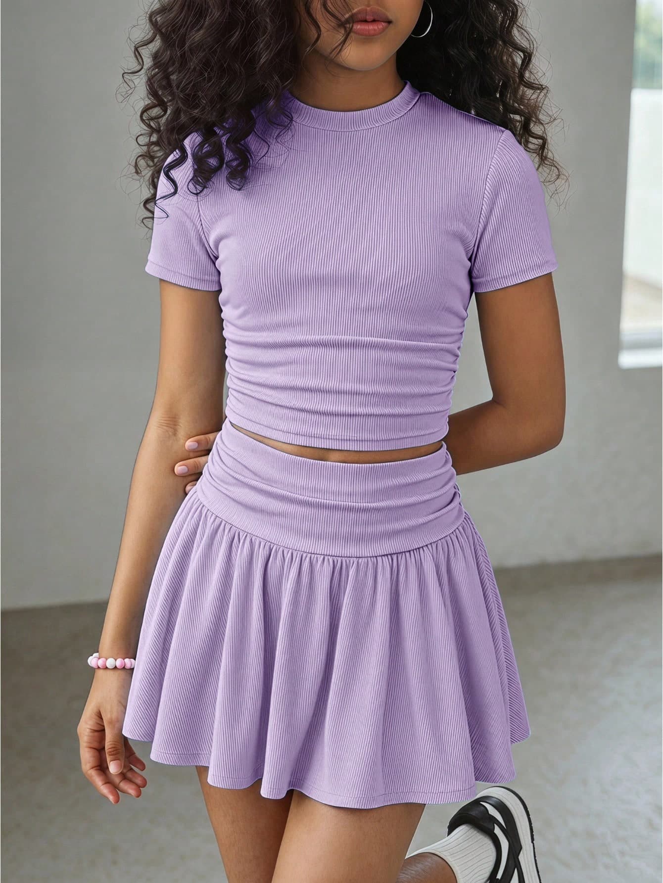 SHEIN Tween Girl Summer Cute Casual Gray Skirt Set: Short Sleeve Crop Top And Pleated Mini Skirt,Summer