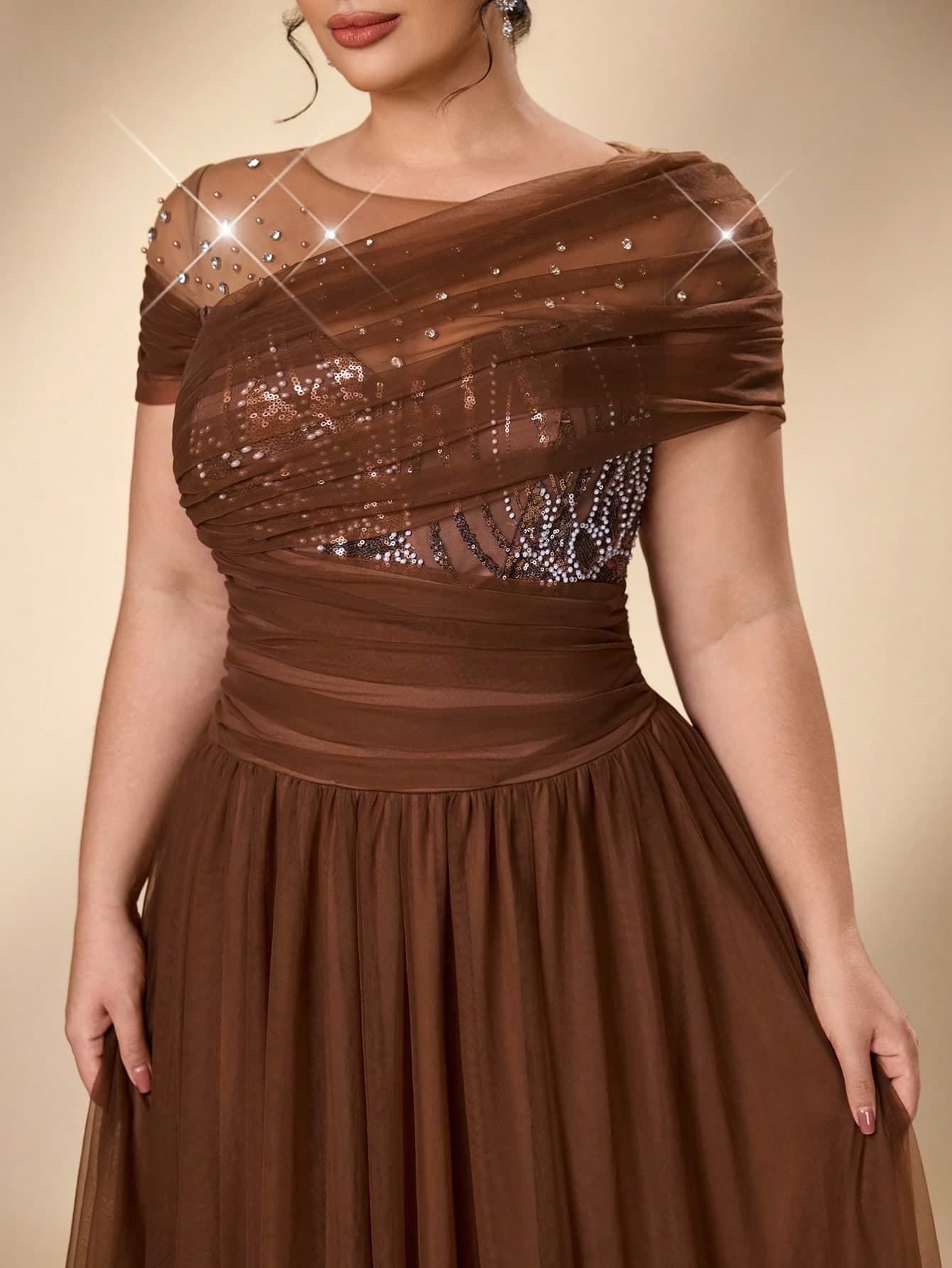 Serin Plus Size Elegant Luxury Brown Asymmetric Mesh Sparkly Rhinestone Flowy Long Evening Dress For Wedding Guest Party Gown Mother Of The Bride