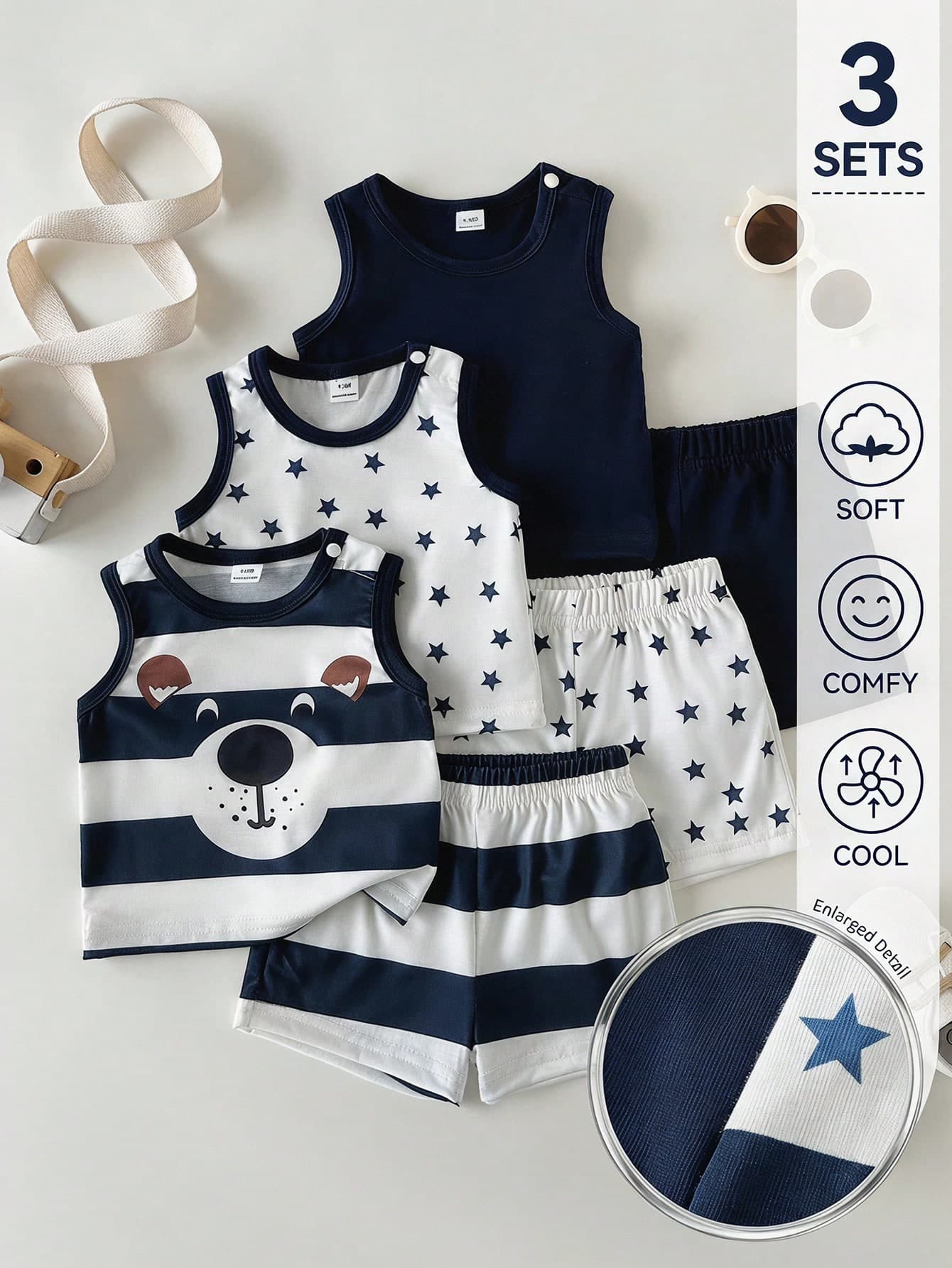 SHEIN 3 Sets Newborn Baby Boys Infant Boys Casual Navy White Animal Face Stripe Polka Dot Sleeveless Soft Tank Tops And Shorts Sets Daily Park Spring Summer