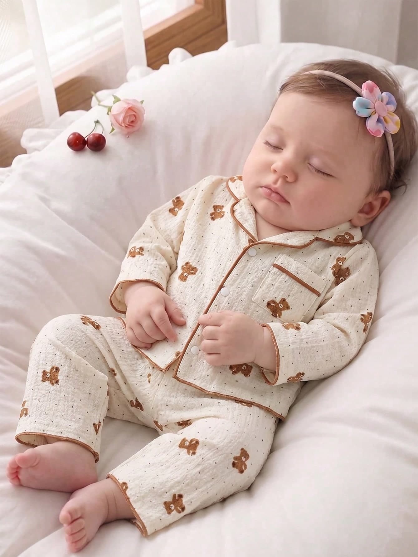 2pcs Baby Girls' Long Sleeve Cardigan And Pants Homewear Set, Woven Fabric With Cute Cherry Print