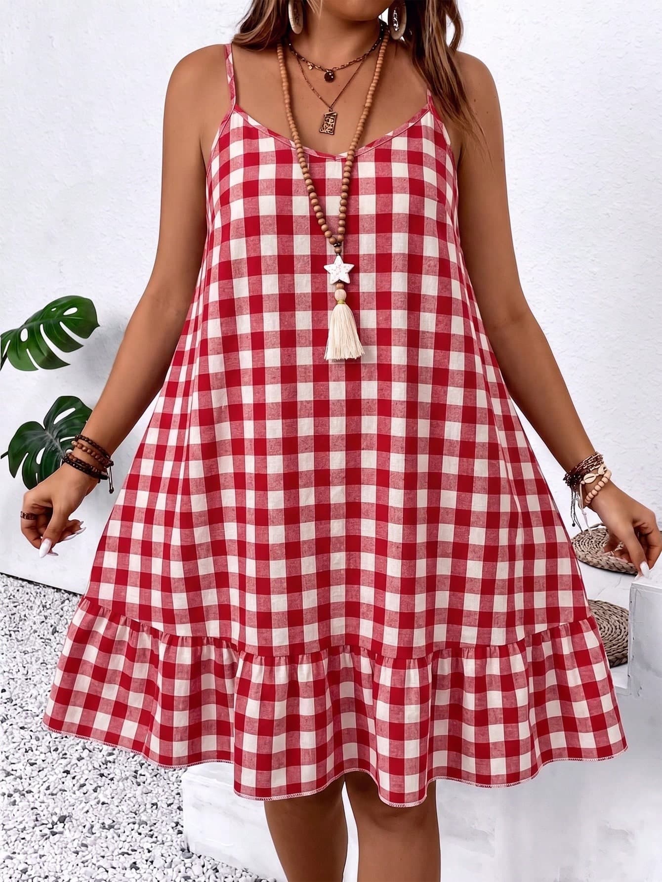 SHEIN LUNE Plus Size Plaid Minimalist Casual Slip Dress