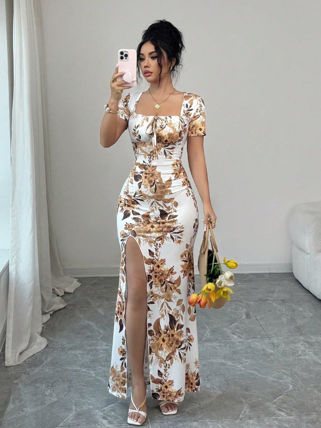 Rafferiza Women White Floral Summer Short Sleeve Dress,Elegant Slit Maxi Dress,Waist Ruched Long Vacation Holiday Prom Dress For Wedding Guest,Digital Printed