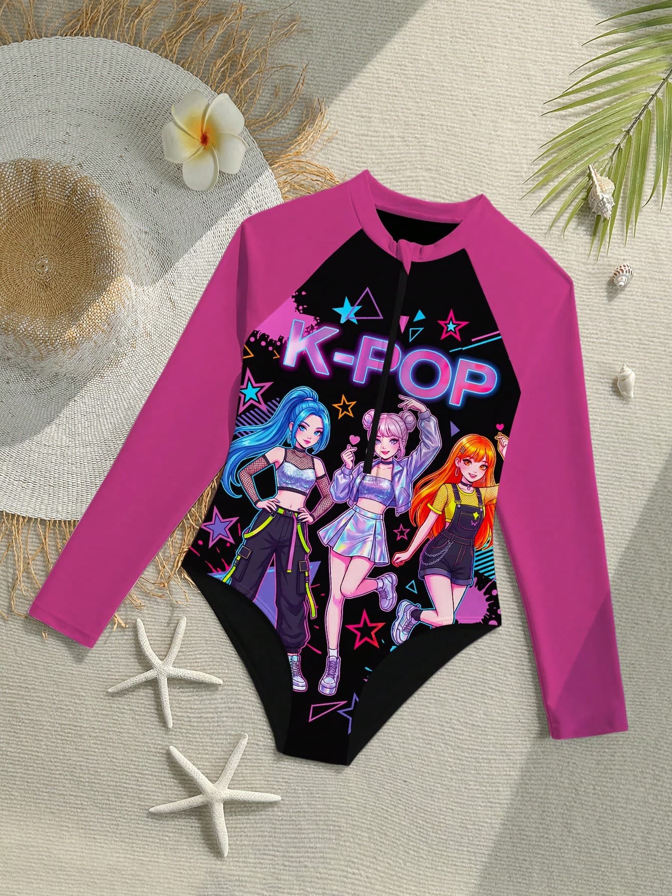 SHEIN Tween Girl Cute Team Graphic Print Knit Fabric Long Sleeve One-Piece Swimsuit, Exquisite And Adorable, Suitable For Summer Vacation, Beach, Seaside, And Swimming Pool