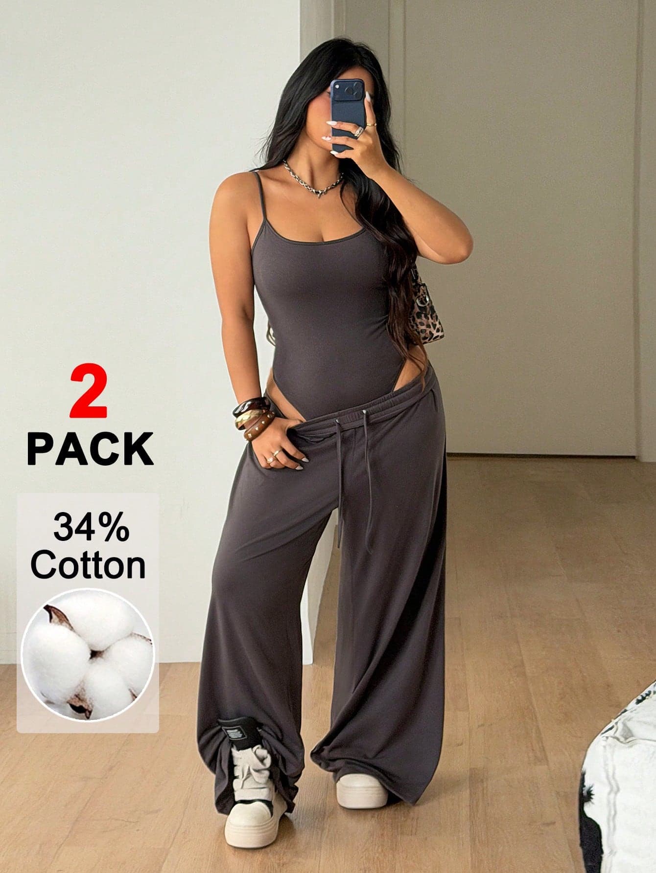 Coolane Women's Plus Summer Streetwear Concert Outfit Y2K Minimalist Casual Dirty Washed Sleeveless Bodysuit And Baggy Low Rise Pants Two Pieces Outfits